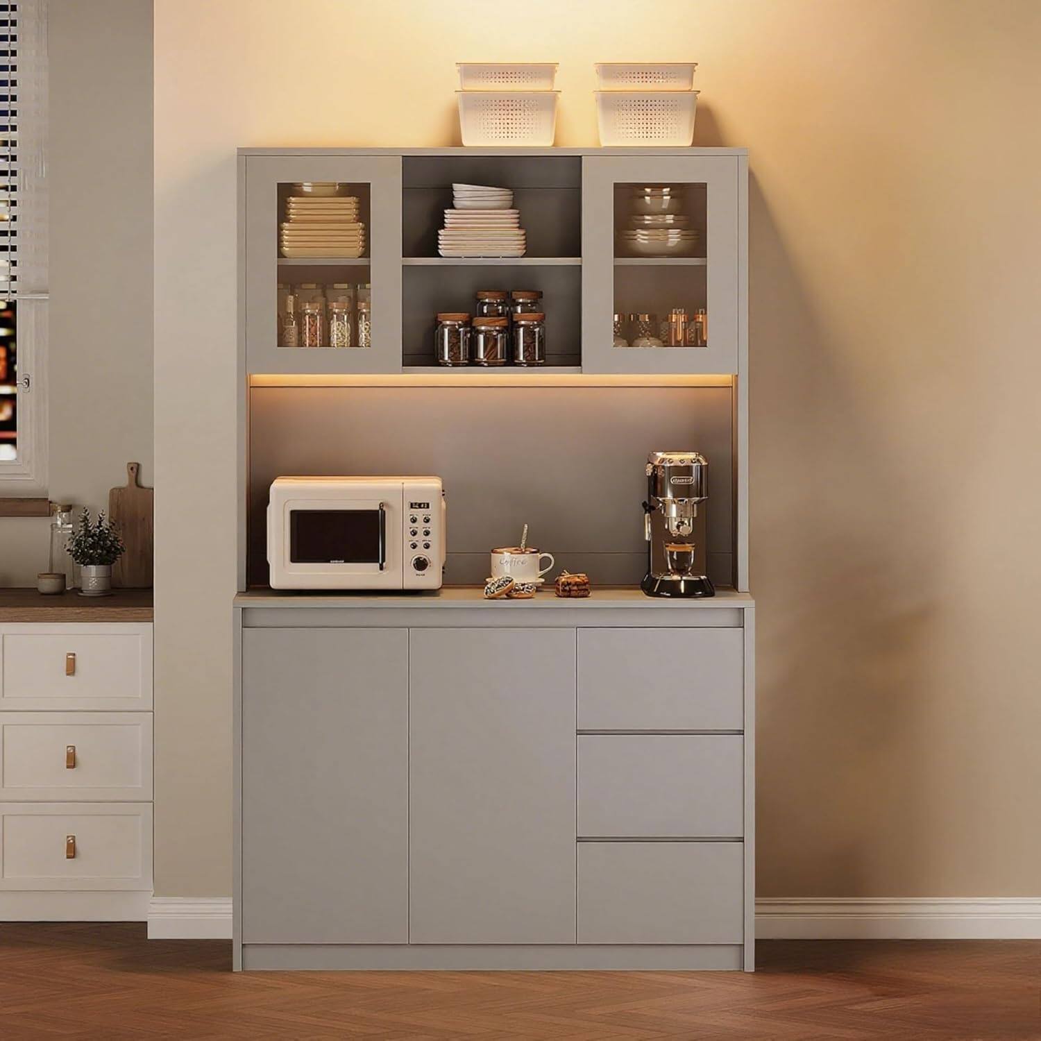 Back. Acekool - Grey 71" Tall Kitchen Pantry Cabinet, Storage Hutch with LED Lights, Adjustable Shelves, Microwave Stand - ‎Grey.