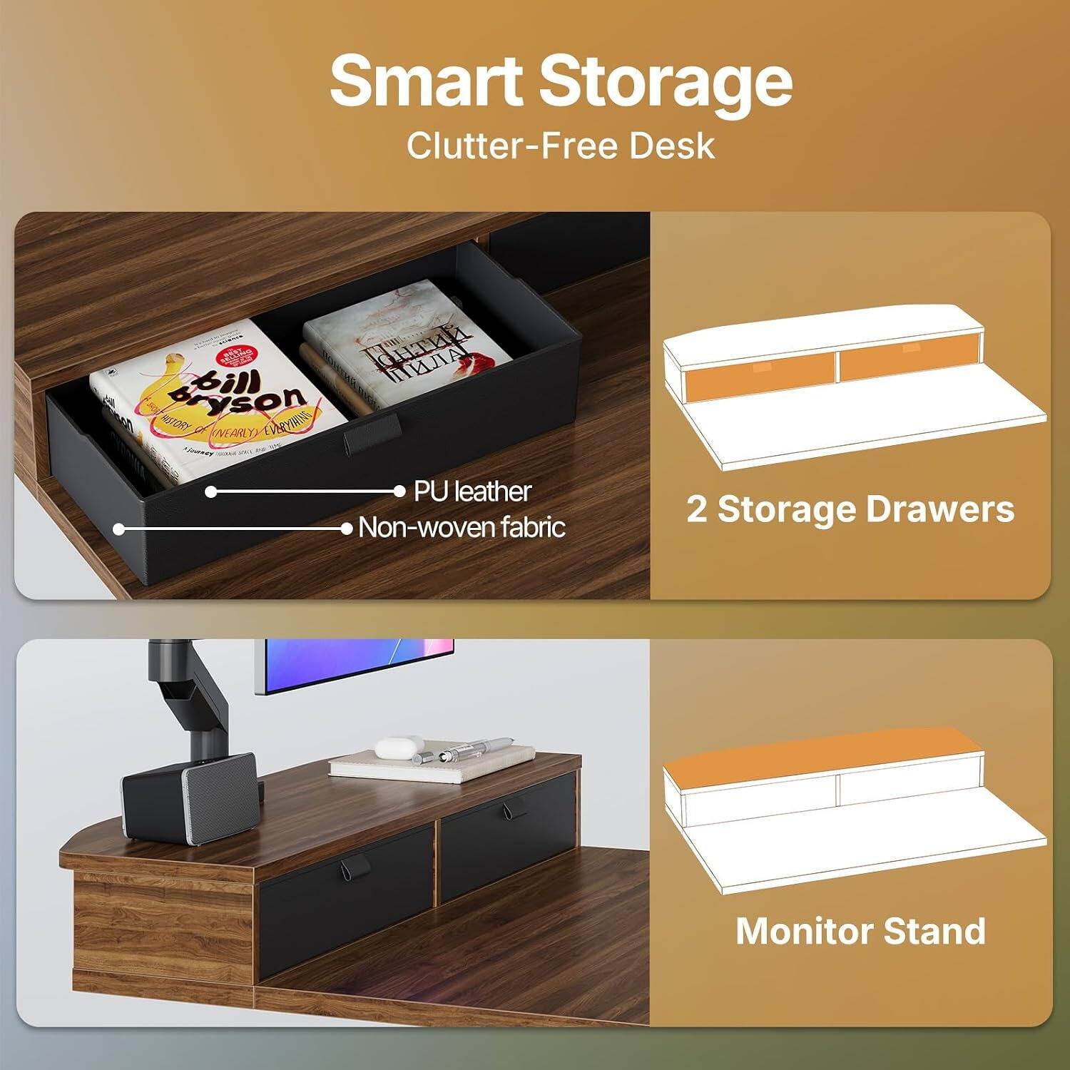 Smart Storage Clutter-Free Desk at yson NOTORY (NEAEY) IN Foo  
PU leather Non-woven fabric  
2 Storage Drawers  
Monitor Stand
