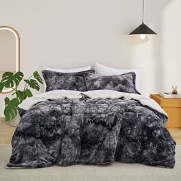 Peace Nest - Sherpa Fluffy Faux Fur Comforter Set Plush Reversible Bedding Set - Black