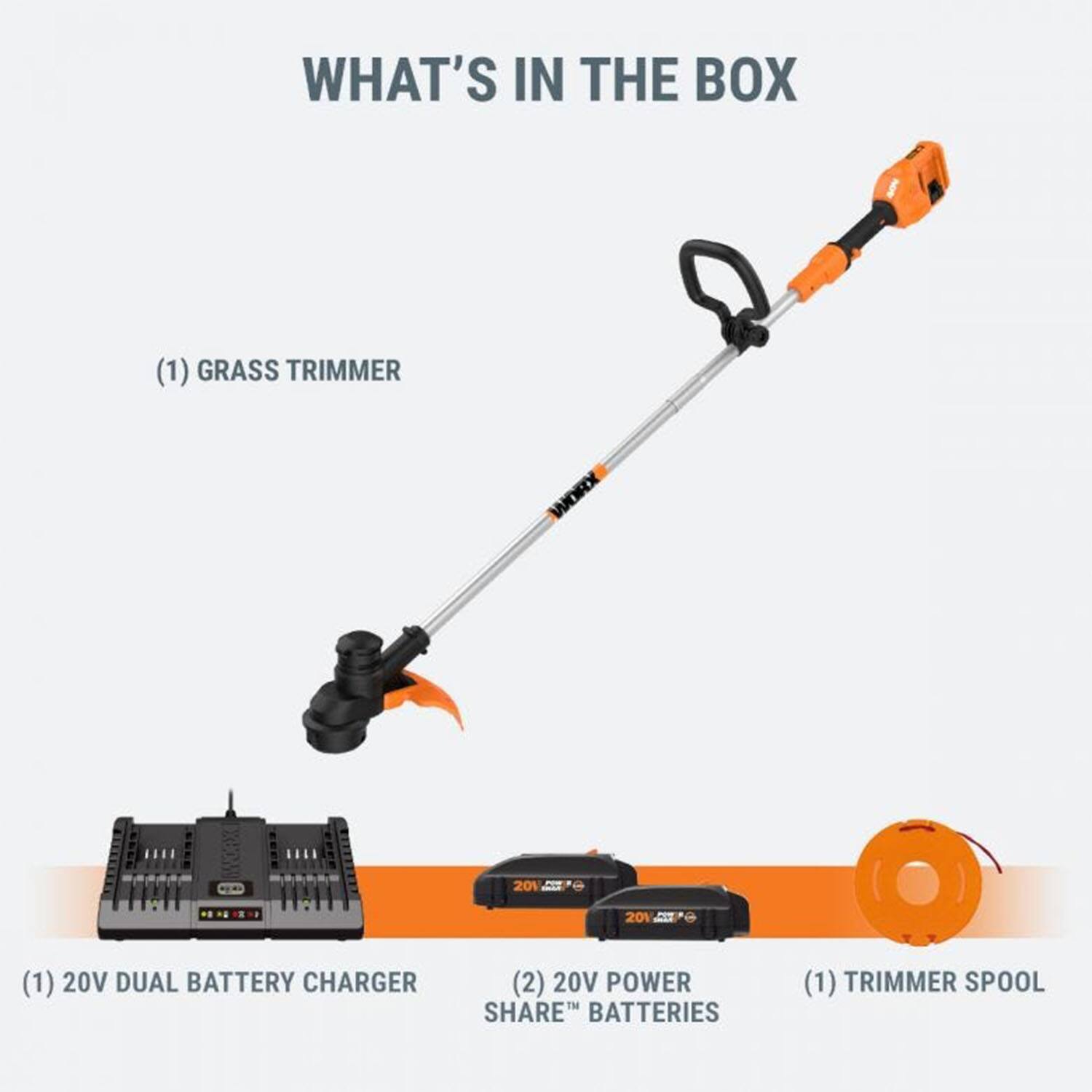 Left. WORX - WG183 40V 13-Inch Cutting Diameter Cordless Straight Shaft Grass Trimmer (2 x 2.0 Ah Batteries & 1 x Charger) - Orange.