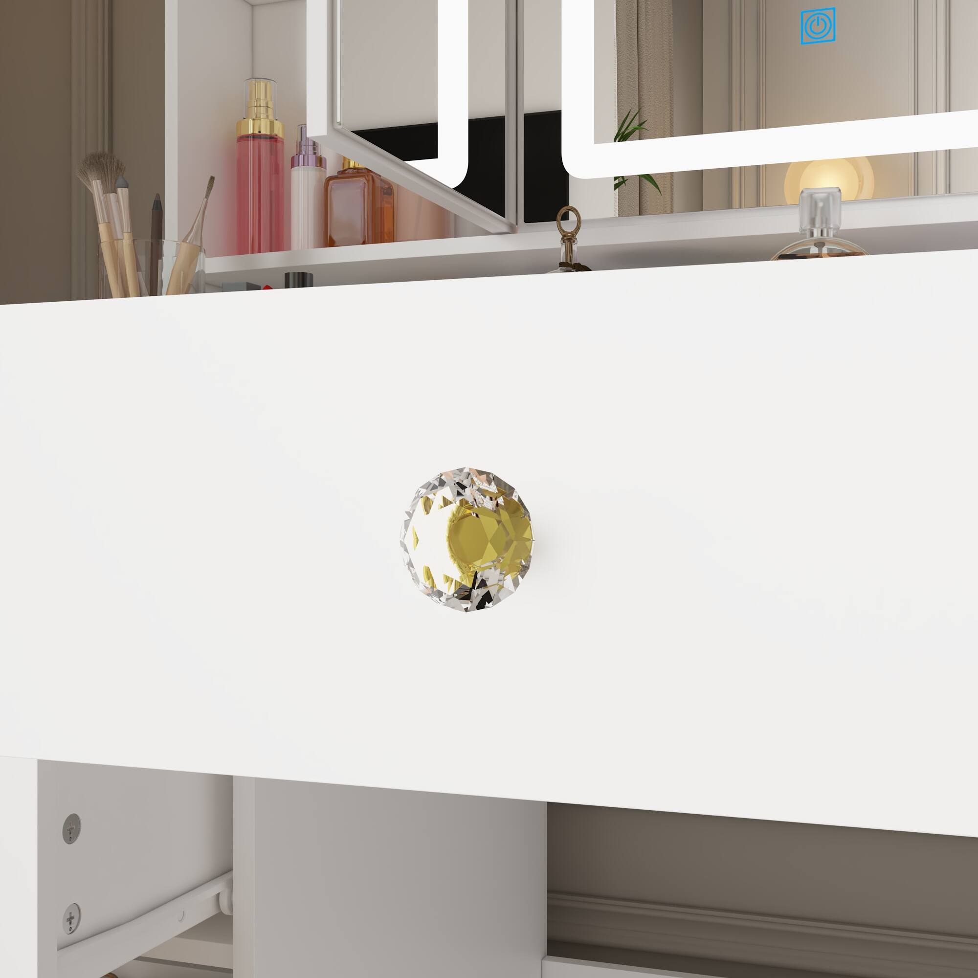 Alt View 1. Famapy - LED Tri-Fold Mirror Vanity Desk Set Adjustable Color Temperature Dimmable Lights Modern Dressing Table - White.