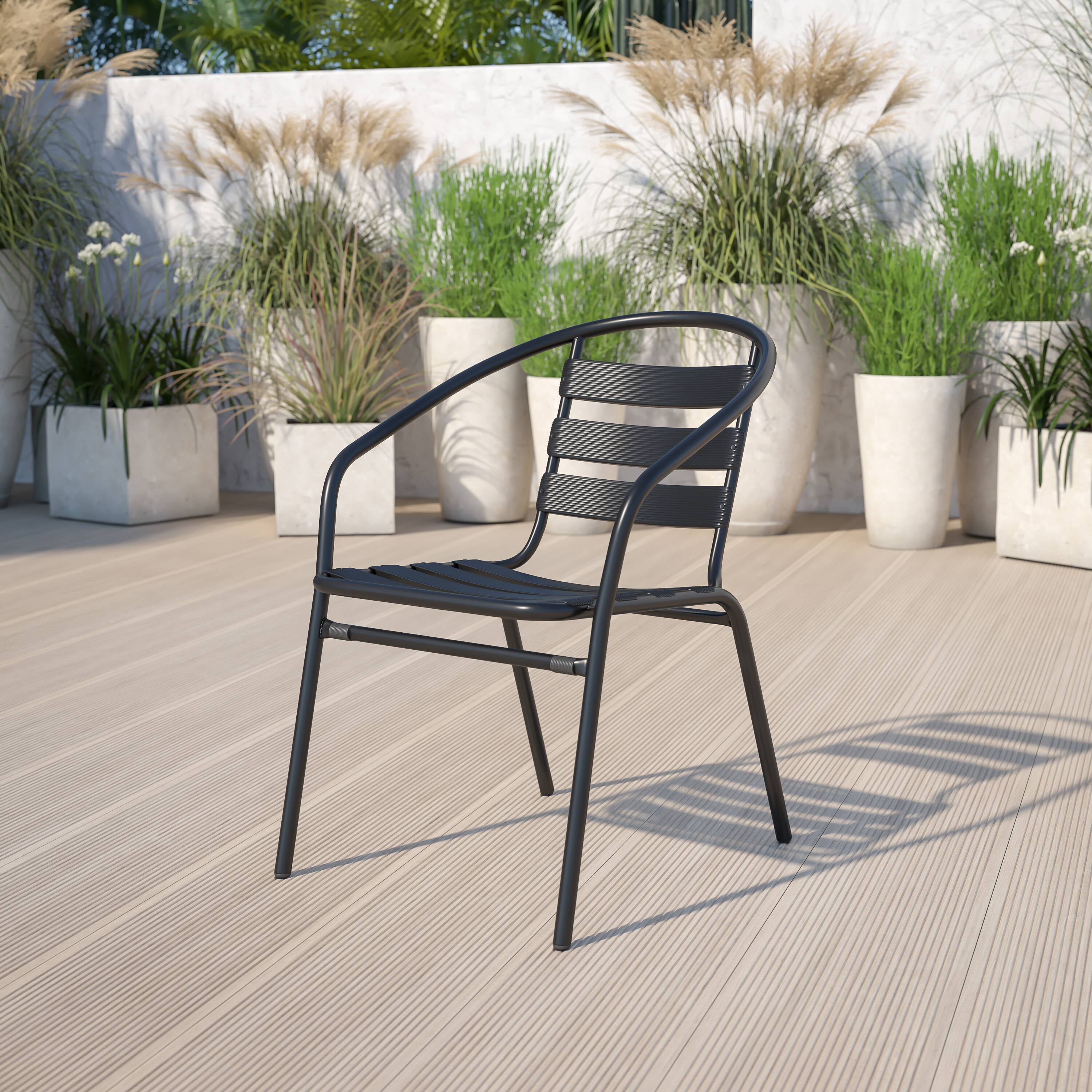 Alt View 1. Emma + Oliver - Metal Restaurant Dining Stack Chair with Aluminum Slats - Black.
