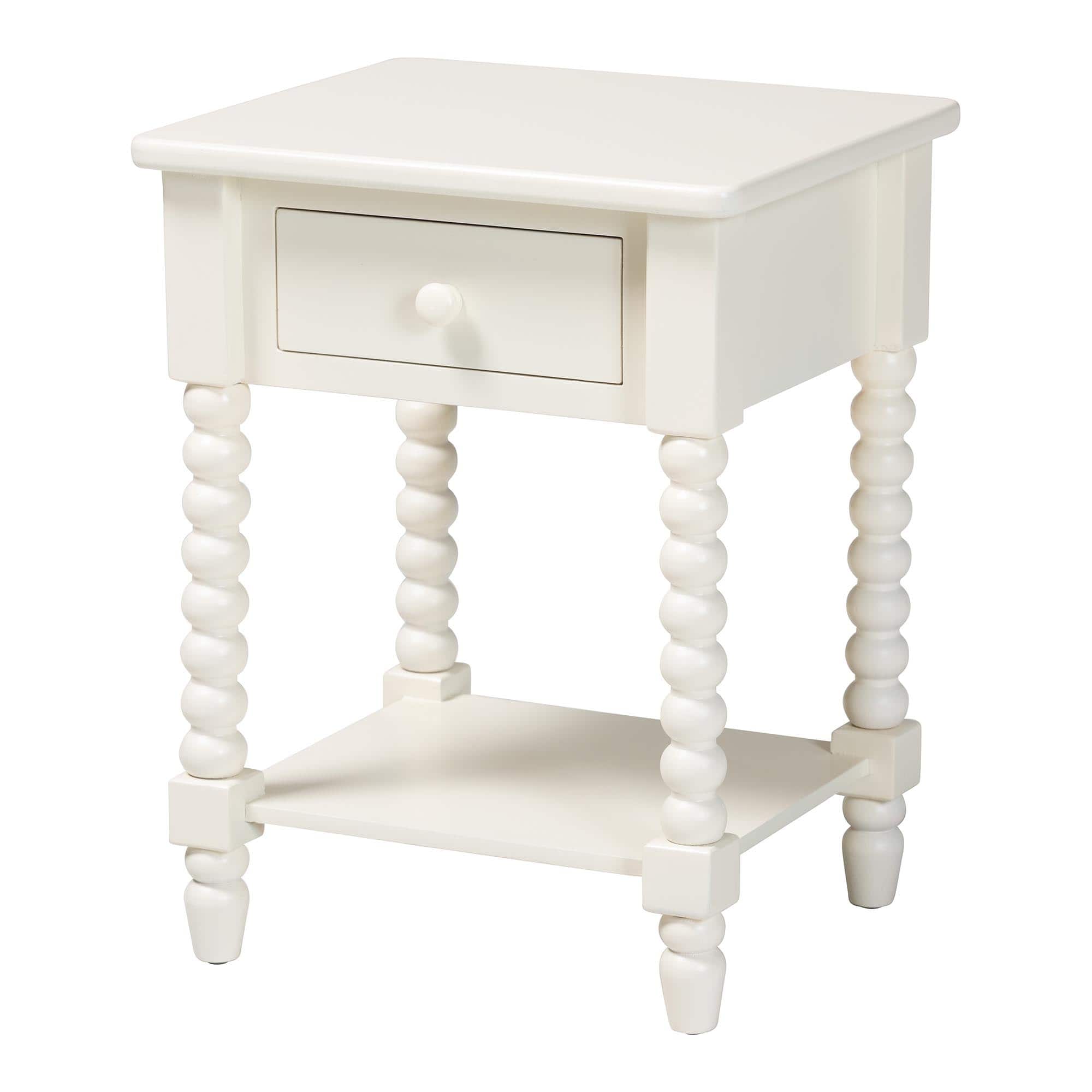 Baxton Studio - Raynera End Table with Bobbin Legs - 1-Drawer Accent Table with Spindle Turned Legs and Open Shelf - White
