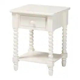 Baxton Studio - Raynera End Table with Bobbin Legs - 1-Drawer Accent Table with Spindle Turned Legs and Open Shelf - White