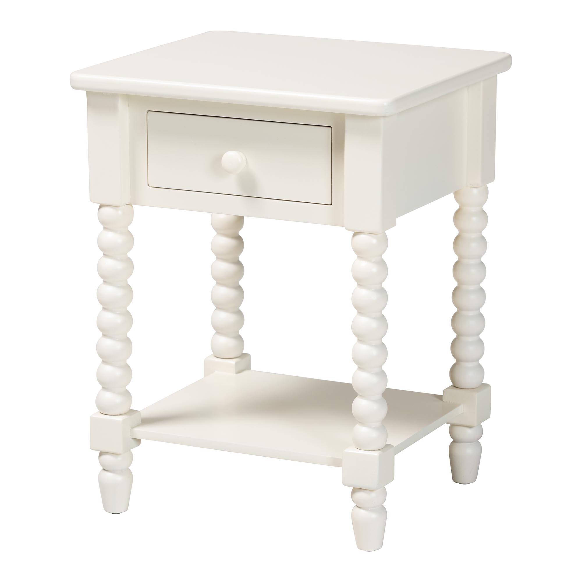Front. Baxton Studio - Raynera End Table with Bobbin Legs - 1-Drawer Accent Table with Spindle Turned Legs and Open Shelf - White.