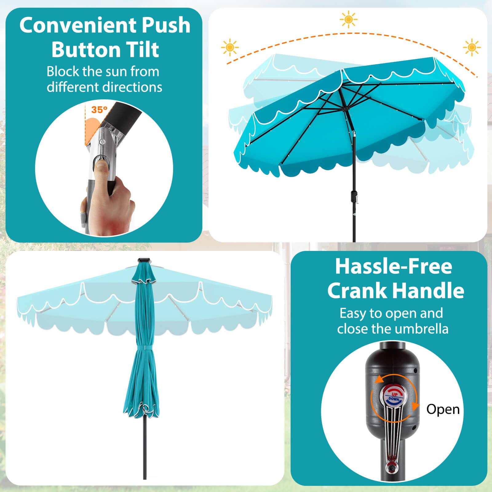 Convenient Push Button Tilt: Block the sun from different directions.
Hassle-Free Crank Handle: Easy to open and close the umbrella.