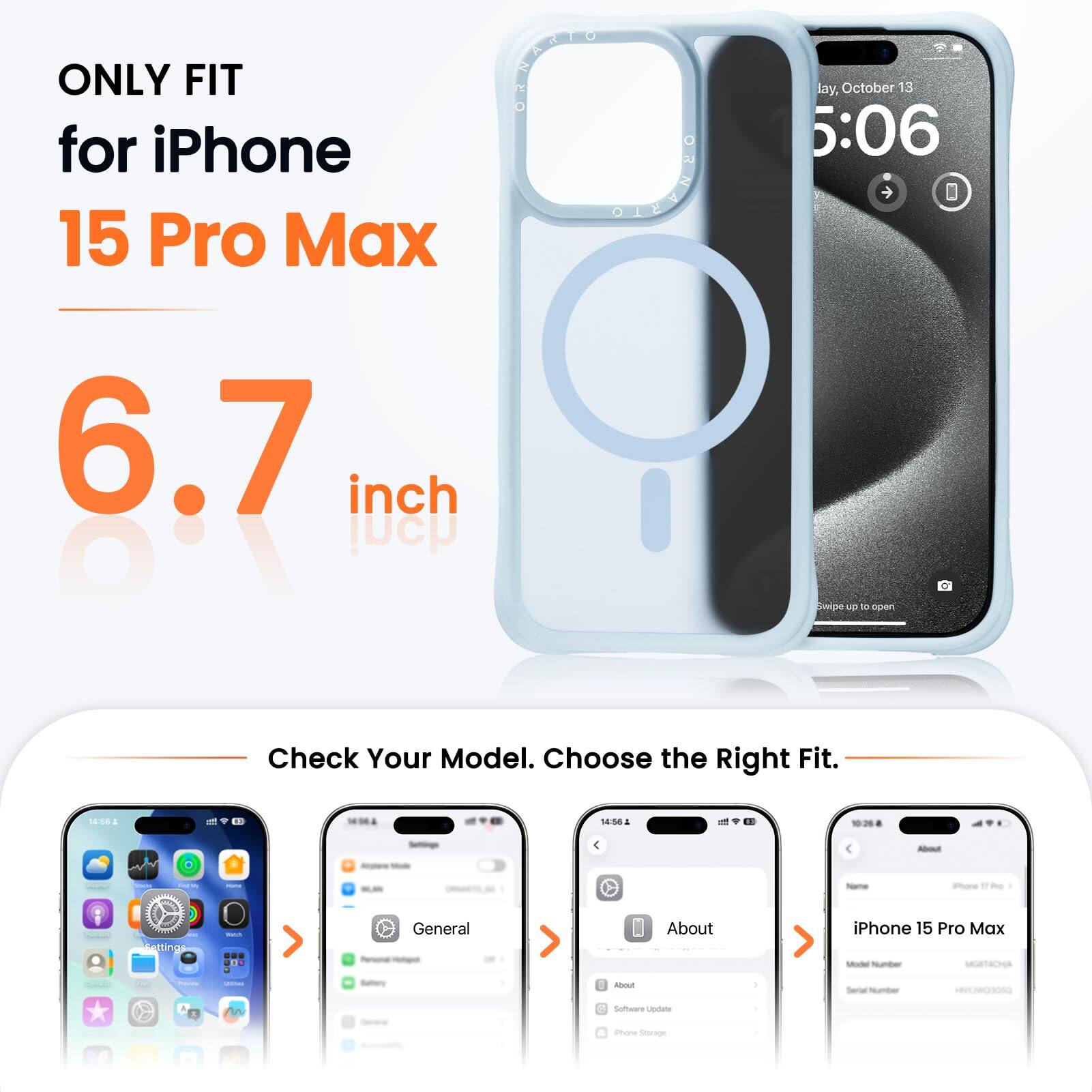 ONLY FIT for iPhone 15 Pro Max  
6.7 inch  

Check Your Model. Choose the Right Fit.  

14:58  
A - 4  

General  
About iPhone 15 Pro Max  
Software Update  
Storage