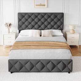 Qeetex - Full Size Bed Frame with 4 Storage Drawers and Adjustable Headboard Upholstered Platform Bed Frame with Storage Diamon - As Shown