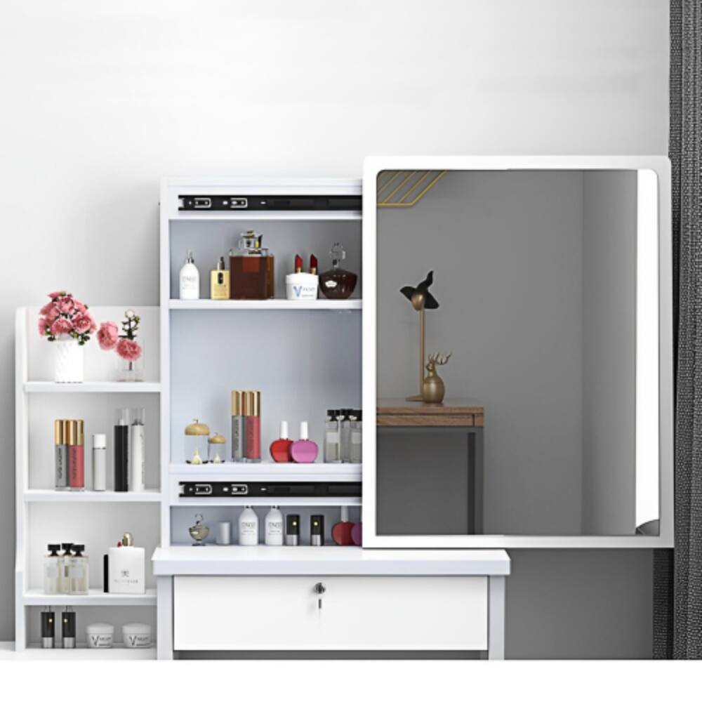 Left. LUCKY ONE - Vanity Desk with 3-Color Adjustable Lighted Mirror, Chair and 4 Drawers for Bedroom - White.