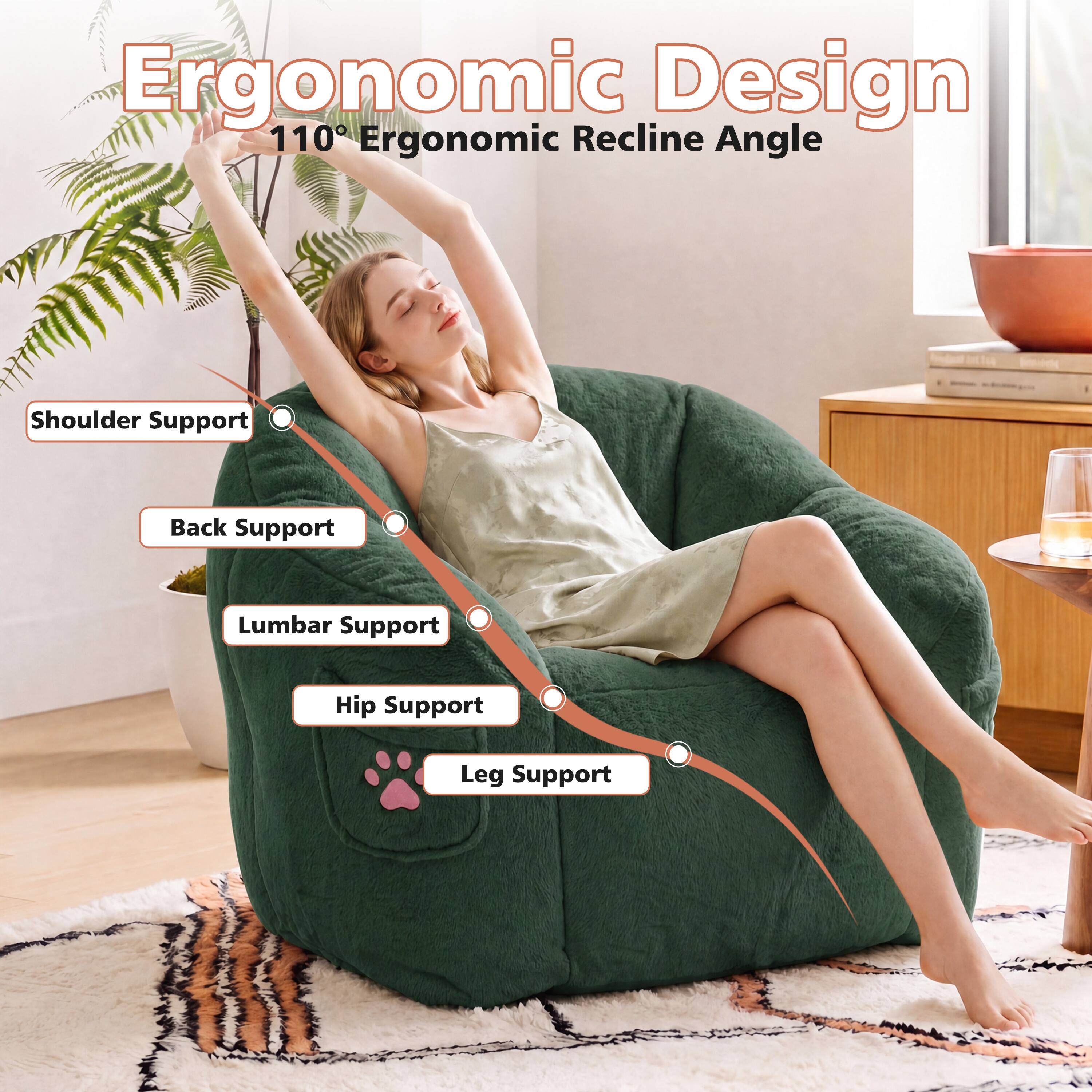 Ergonomic Design  
110° Ergonomic Recline Angle  
Shoulder Support  
Back Support  
Lumbar Support  
Hip Support  
Leg Support