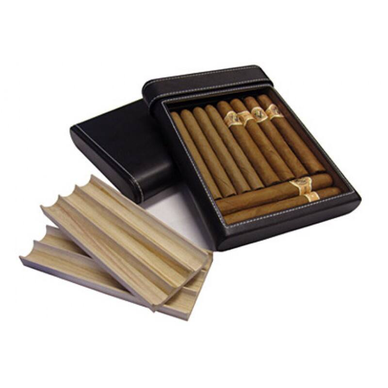 Back. Prestige - 6 Cigar Leather Case Humidor - Black Leather Finish.