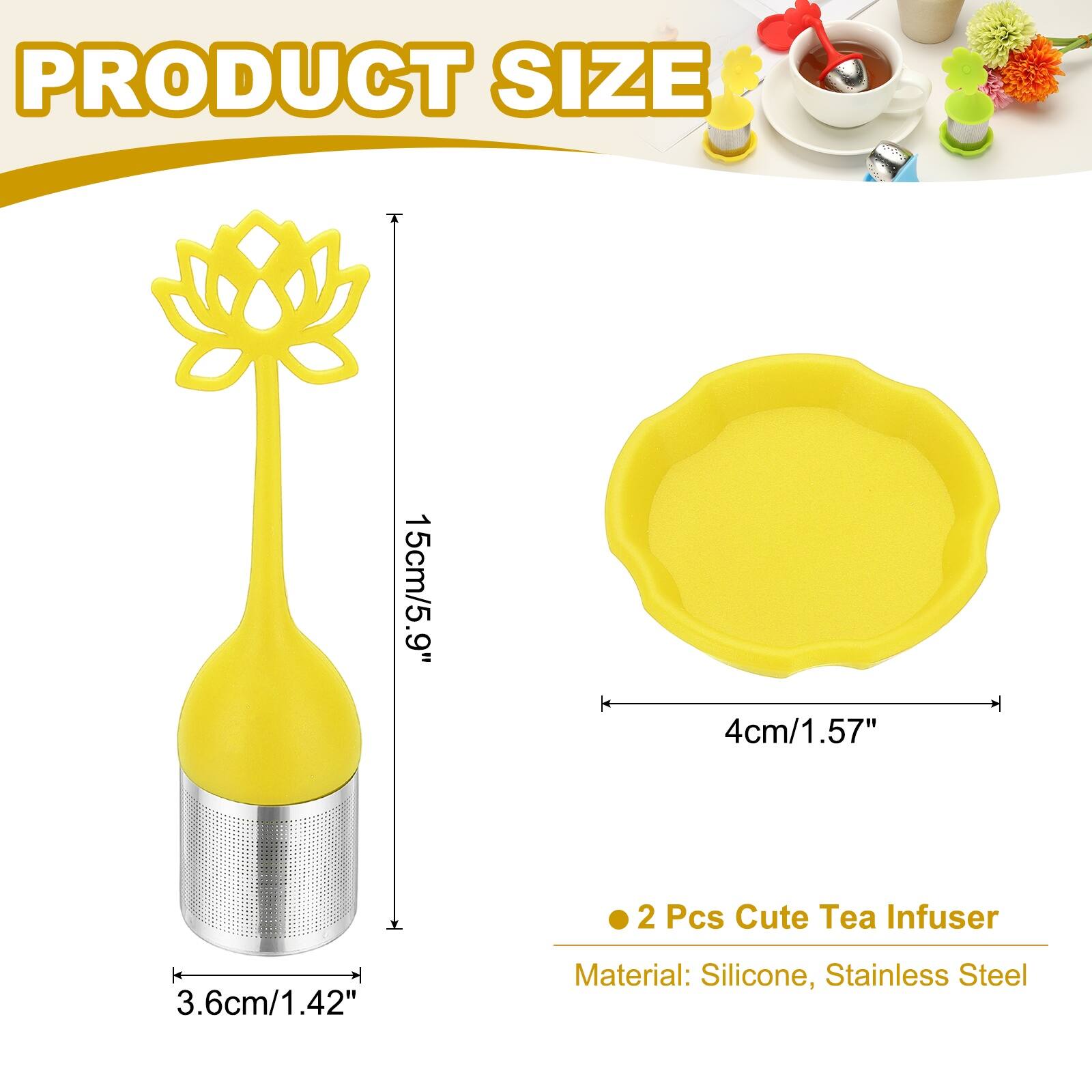 PRODUCT SIZE  
15cm/5.9"  
4cm/1.57"  
3.6cm/1.42"  

2 Pcs Cute Tea Infuser  

Material: Silicone, Stainless Steel
