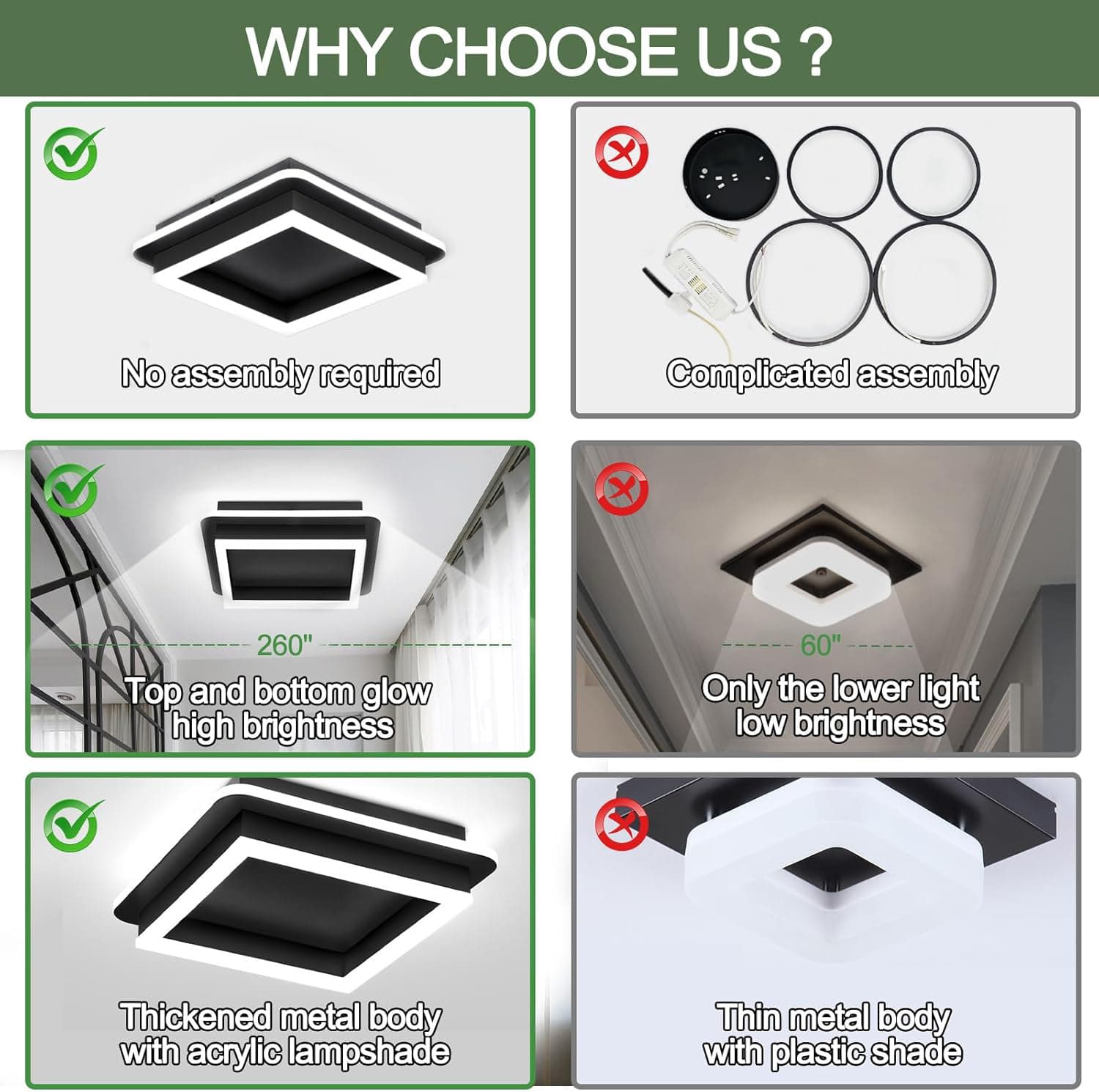 WHY CHOOSE US?

- No assembly required
- Complicated assembly
- Top and bottom glow high brightness
- Only the lower light low brightness
- Thickened metal body with acrylic lampshade
- Thin metal body with plastic shade