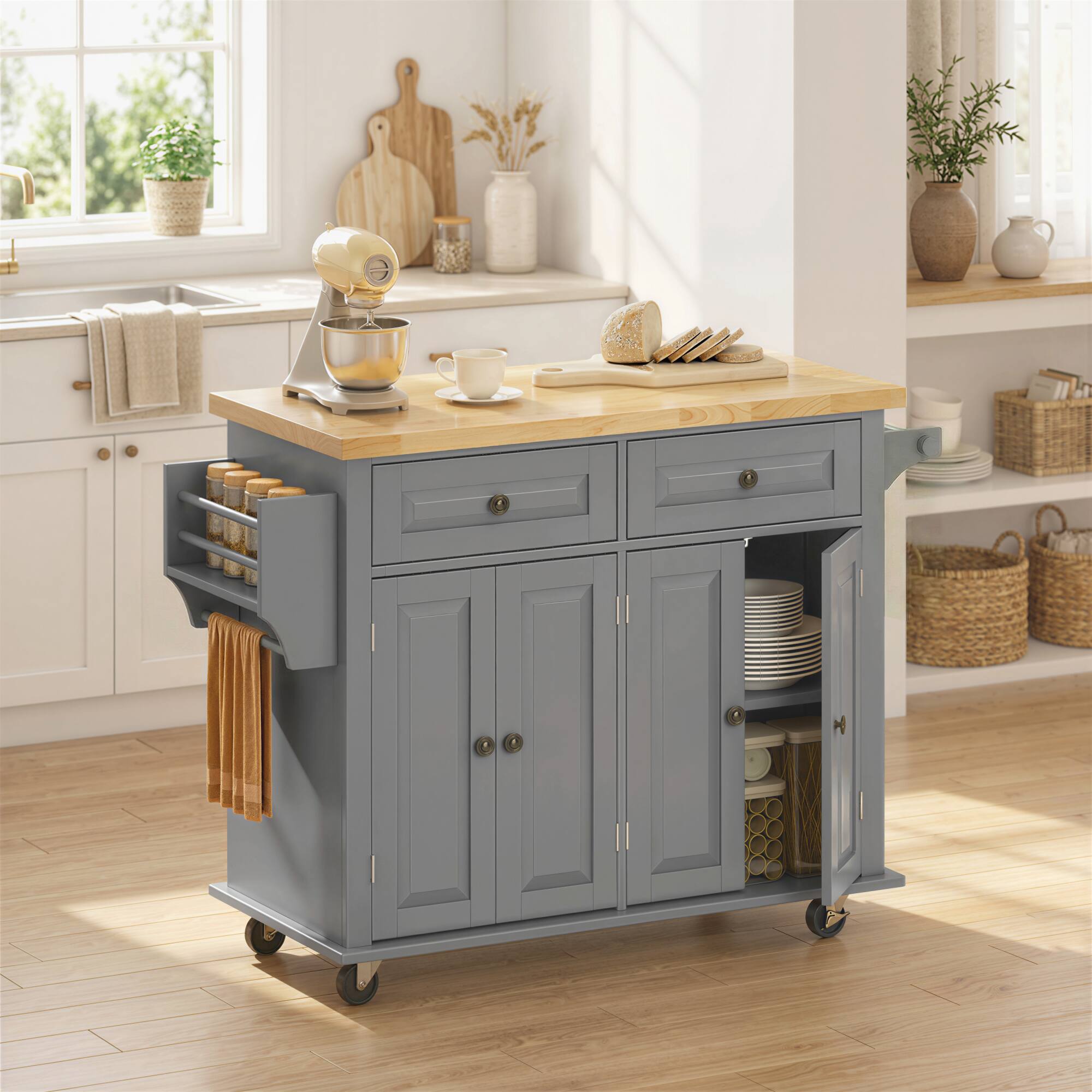 Alt View 1. Homcom - Mobile Kitchen Island Table, Kitchen Island Cart on Wheels with Storage Cabinets - Grey.
