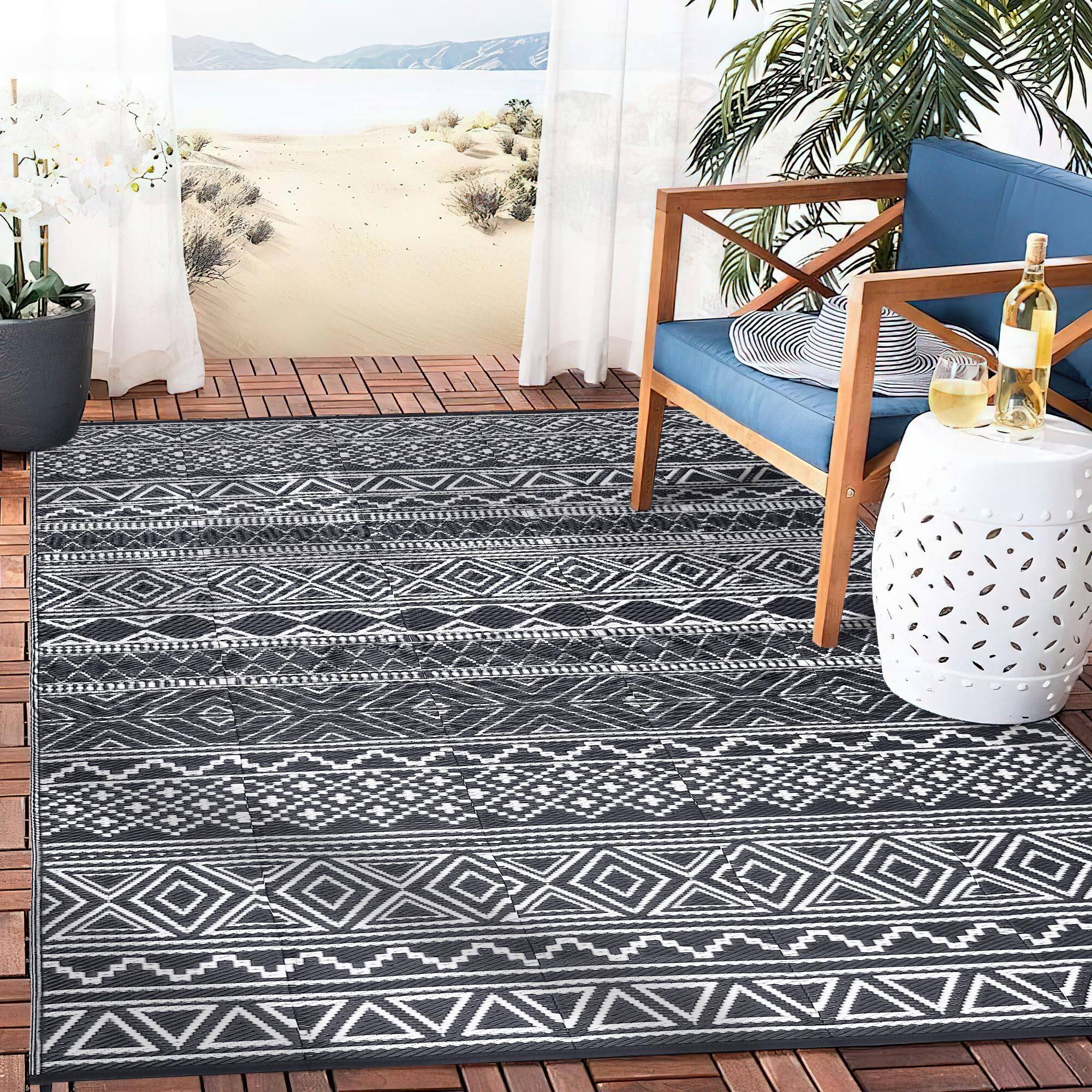 Alt View 4. Earthley Blooms - Outdoor Rug For Patio Waterproof Mat Plastic Straw Camping Reversible Rugs Indoor Carpet Porch Backyard Bal... - Teal/Yellow(boho)-5' x 8' (Rectangular).