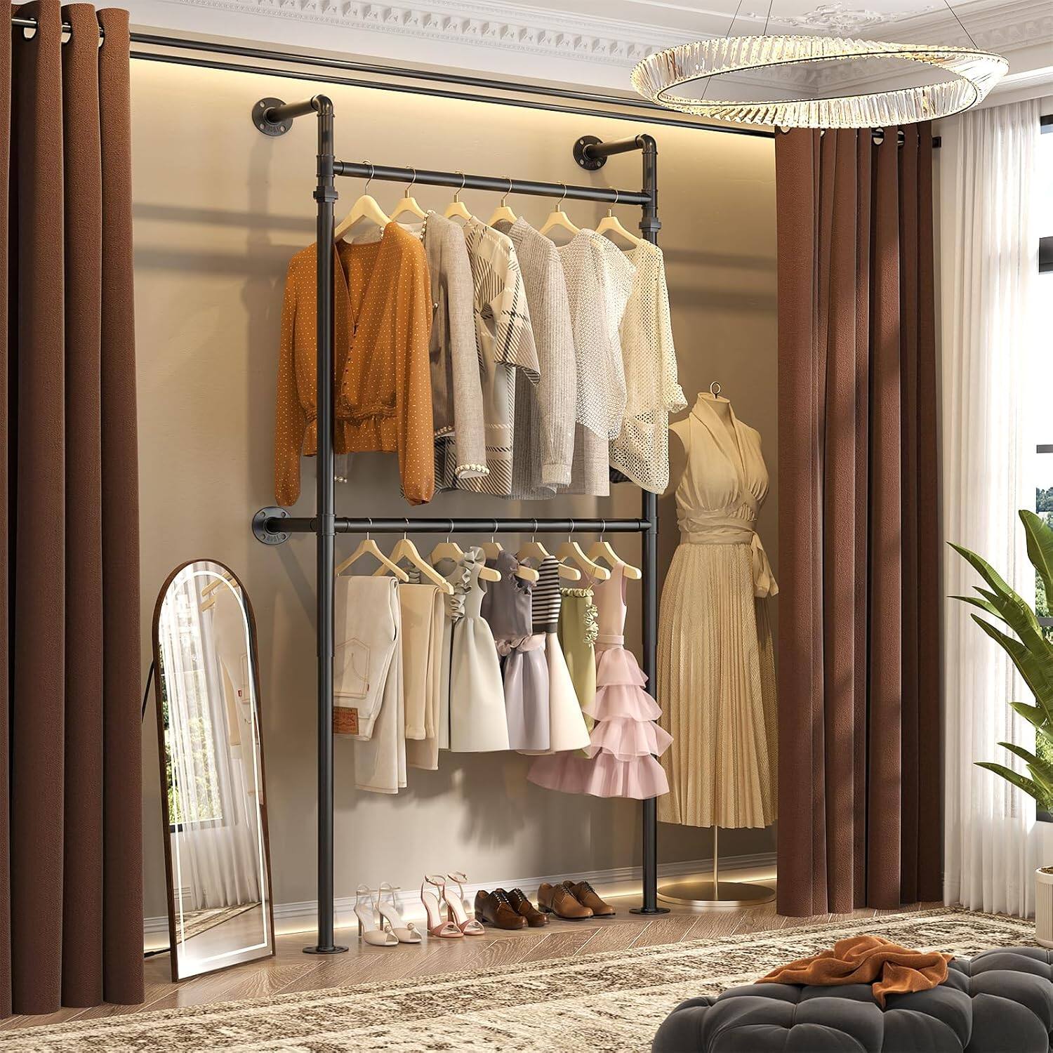 Front. Aheaplus - Wall-Mounted Industrial Pipe Clothing Rack, Heavy Duty & Reversible - Black.