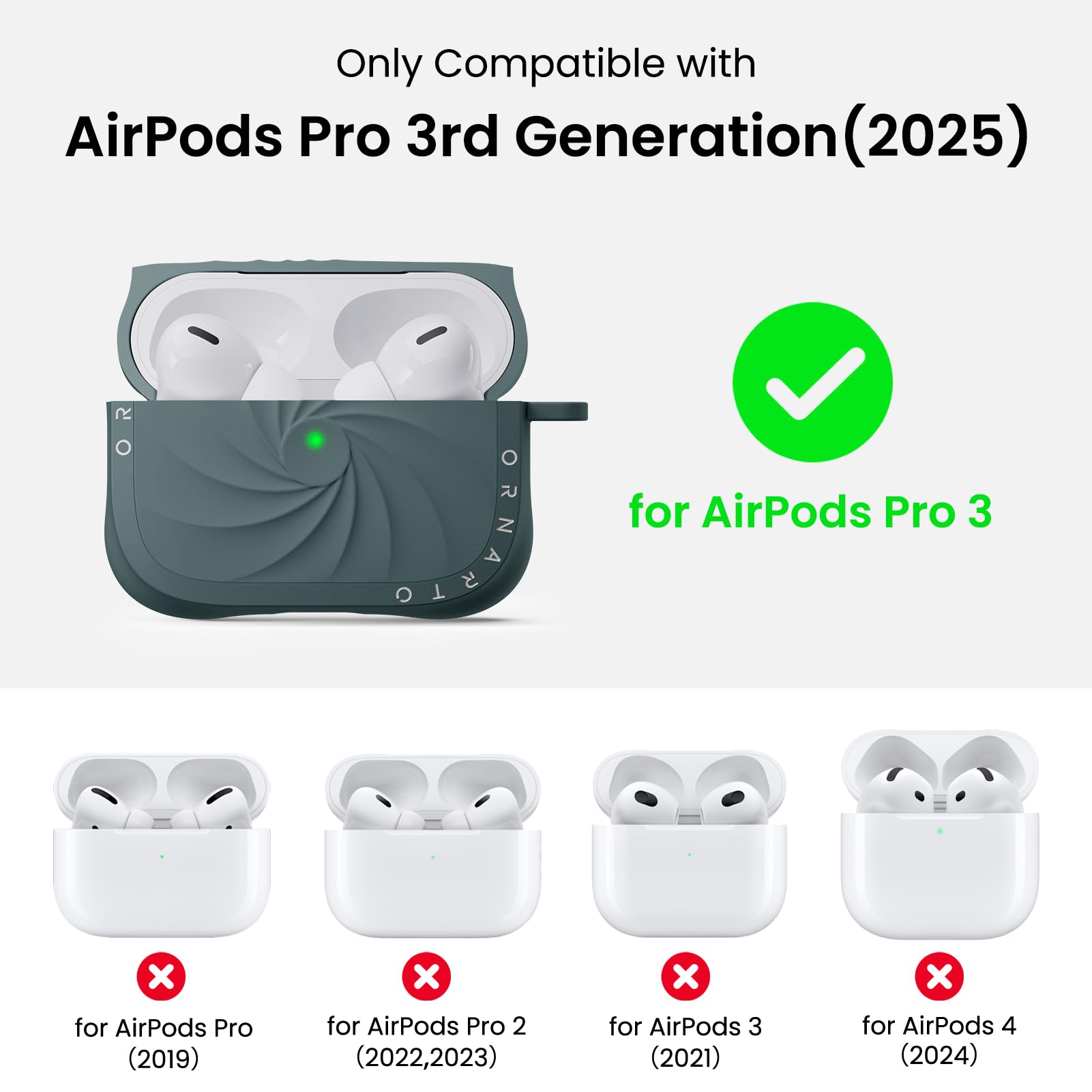 Only Compatible with  
AirPods Pro 3rd Generation (2025)  
for AirPods Pro 3  
for AirPods Pro (2019)  
for AirPods Pro 2 (2022, 2023)  
for AirPods 3 (2021)  
for AirPods 4 (2024)