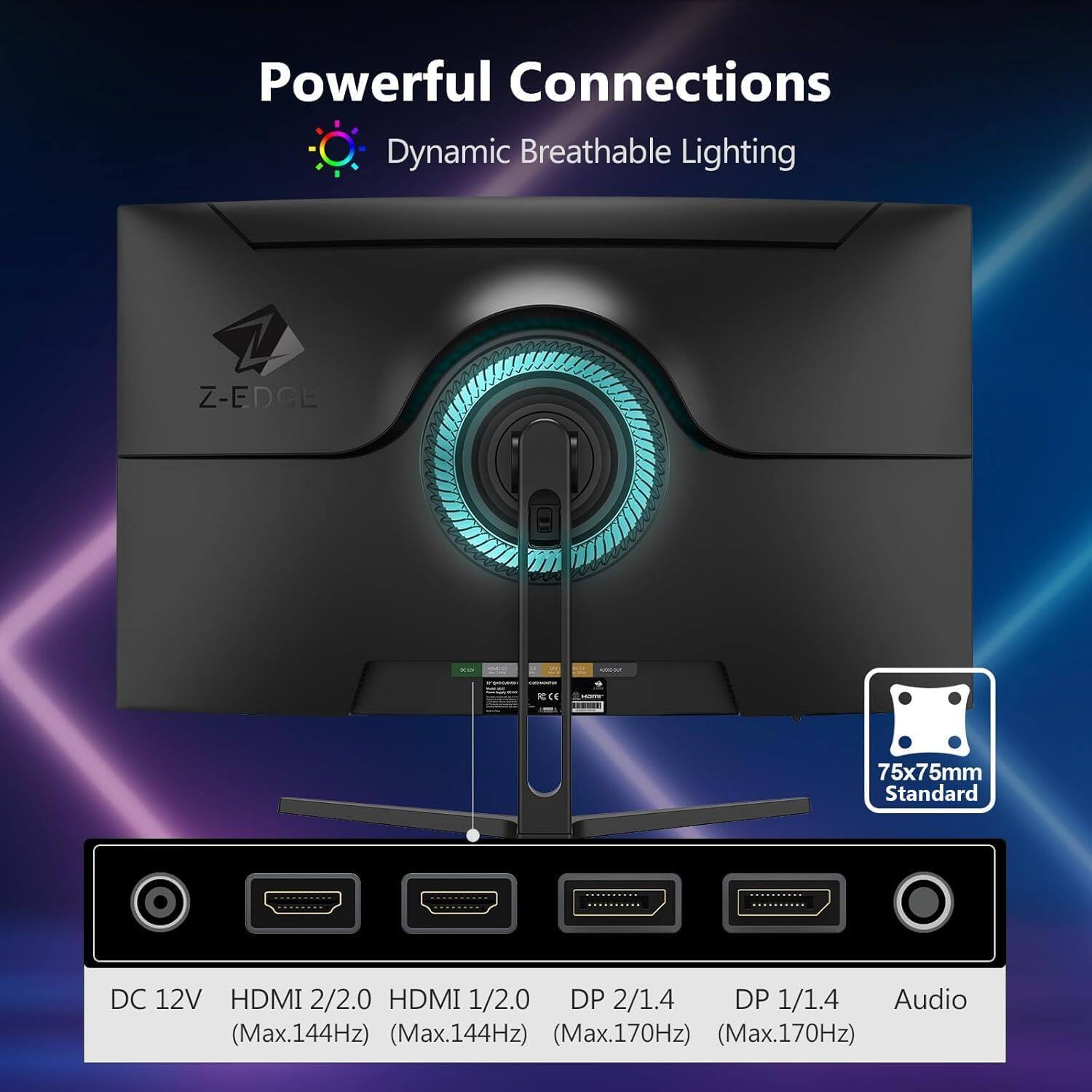 Powerful Connections Dynamic Breathable Lighting Z-EDGE -- CE 75x75mm Standard DC 12V HDMI 2/2.0 HDMI 1/2.0 DP 2/1.4 DP 1/1.4 Audio (Max.144Hz) (Max.144Hz) (Max.170Hz) (Max.170Hz)