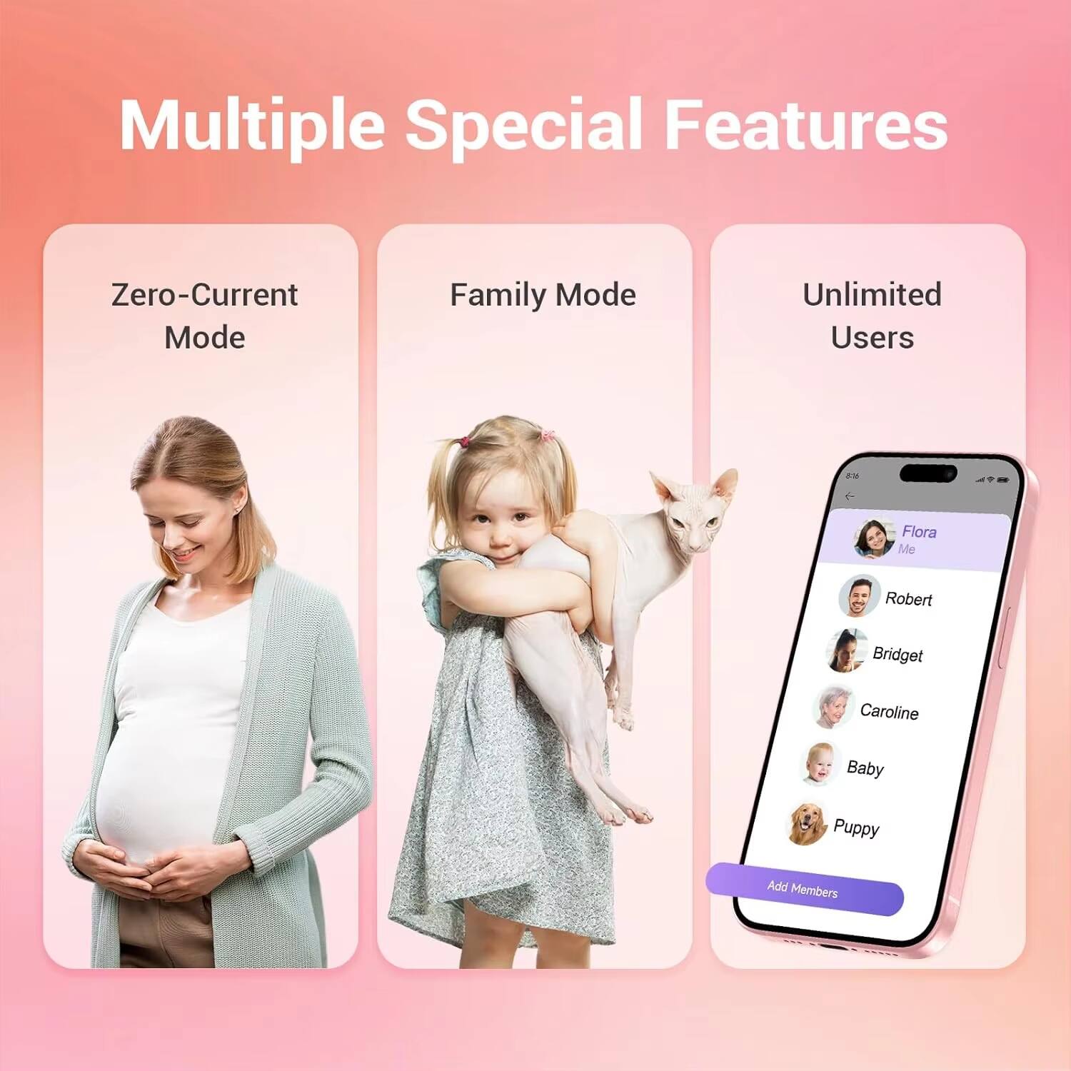 Multiple Special Features

- Zero-Current Mode
- Family Mode
- Unlimited Users

Flora  
Me  
Robert  
Bridget  
Caroline  
Baby  
Puppy  

Add Members