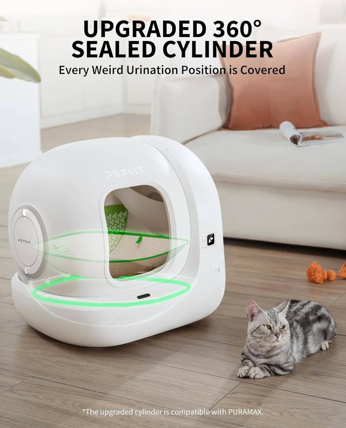 The image features a white device with a green light on it, which is an upgraded 360 sealed cylinder. The device is designed to cover every weird urination position, providing a solution for pets with unique urination habits. The PETCIT 101 V H is compatible with PURAMAX, ensuring a seamless integration with the device.
