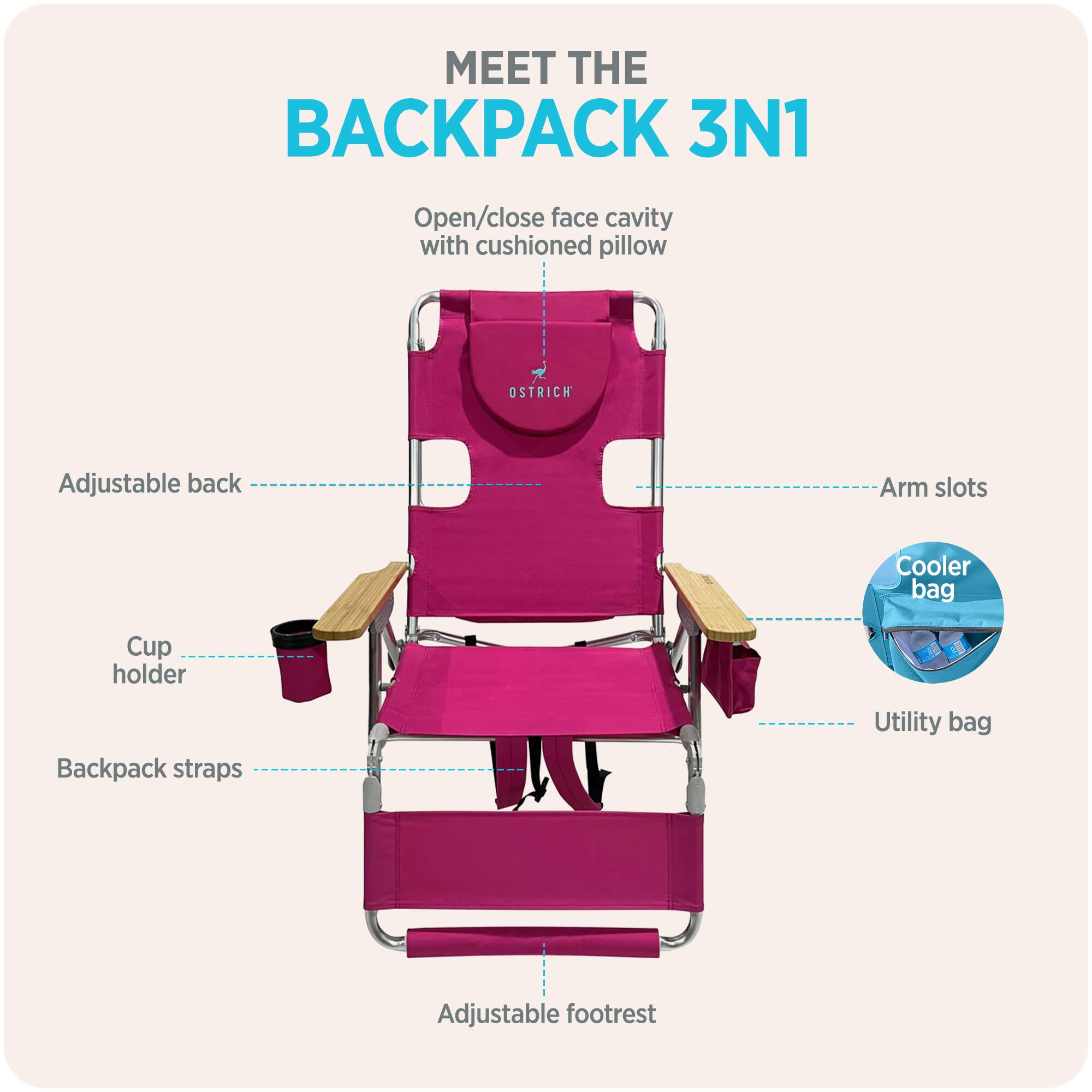 MEET THE BACKPACK 3N1

- Open/close face cavity with cushioned pillow
- Adjustable back
- Arm slots
- Cooler bag
- Cup holder
- Backpack straps
- Utility bag
- Adjustable footrest