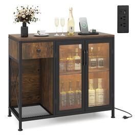 Costway - Buffet Sideboard Cabinet, 34" Kitchen Cabinet with Adjustable RGB LED Lights - Rustic Brown and Black