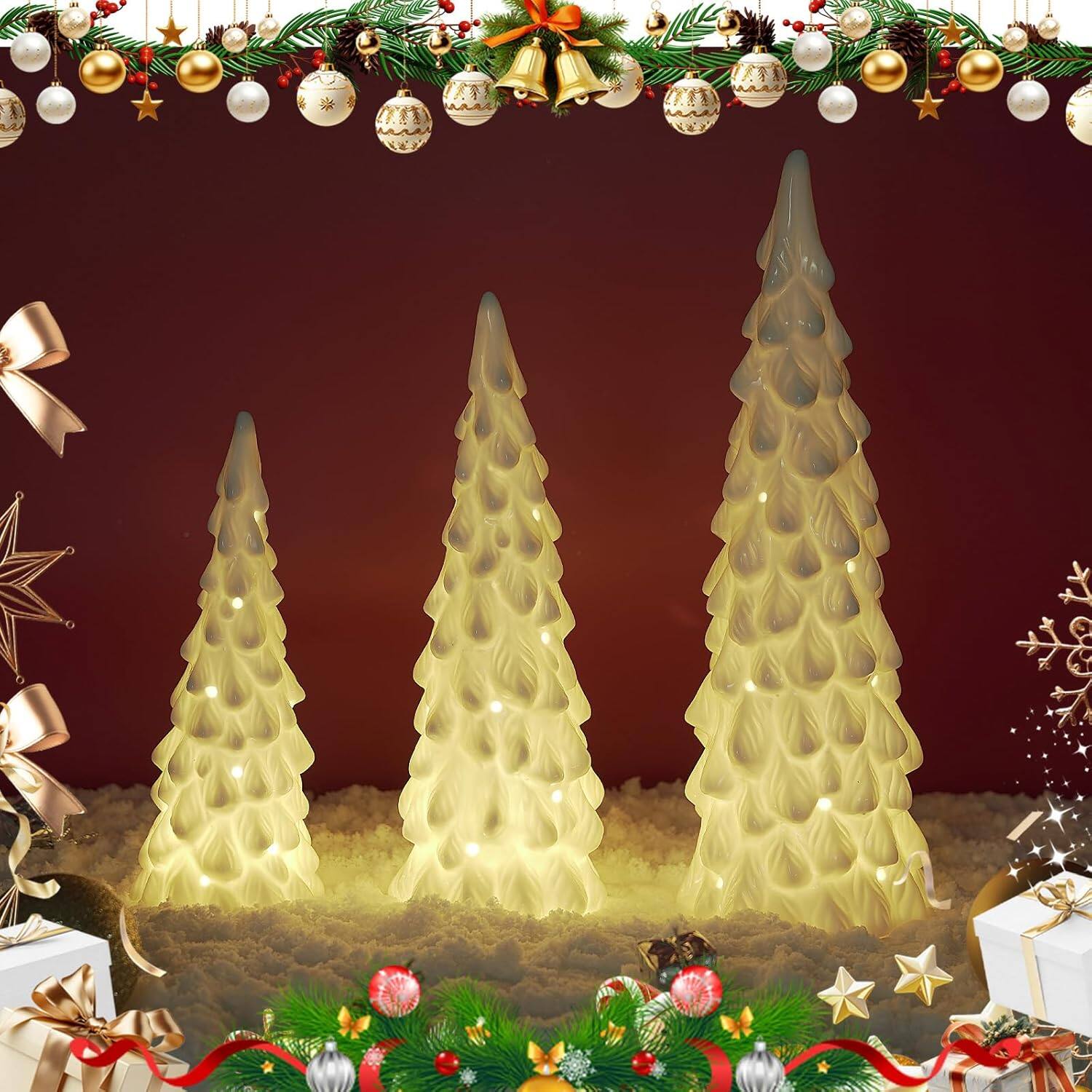 Left. RTMB - 3-Pc White Ceramic Christmas Trees with LED Lights & Timer for Tabletop - White.