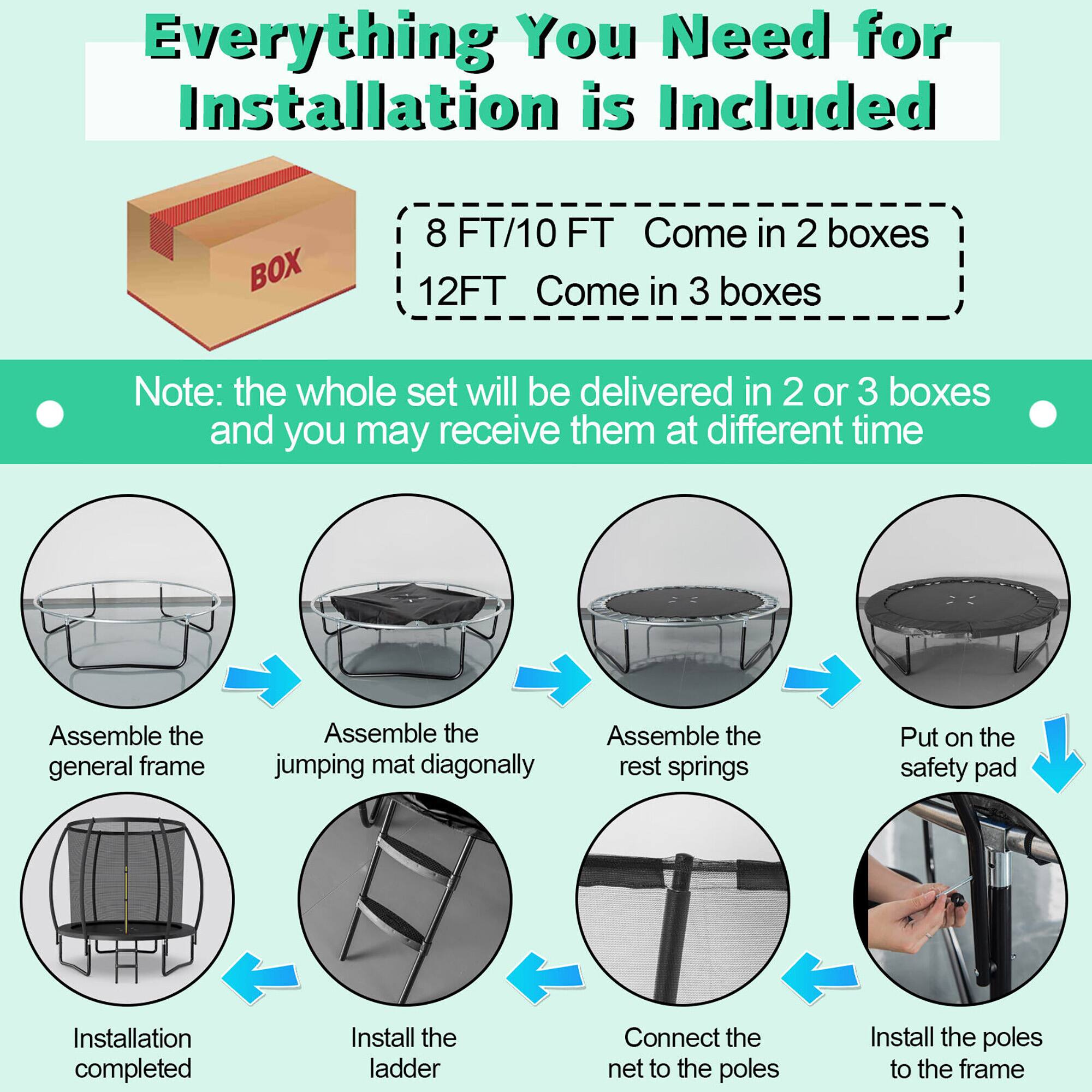 Everything You Need for Installation is Included

8 FT/10 FT Come in 2 boxes  
12 FT Come in 3 boxes

Note: the whole set will be delivered in 2 or 3 boxes and you may receive them at different time

- Assemble the general frame
- Assemble the jumping mat diagonally
- Assemble the rest springs
- Put on the safety pad
- Install the ladder
- Connect the net to the poles
- Install the poles to the frame
- Installation completed