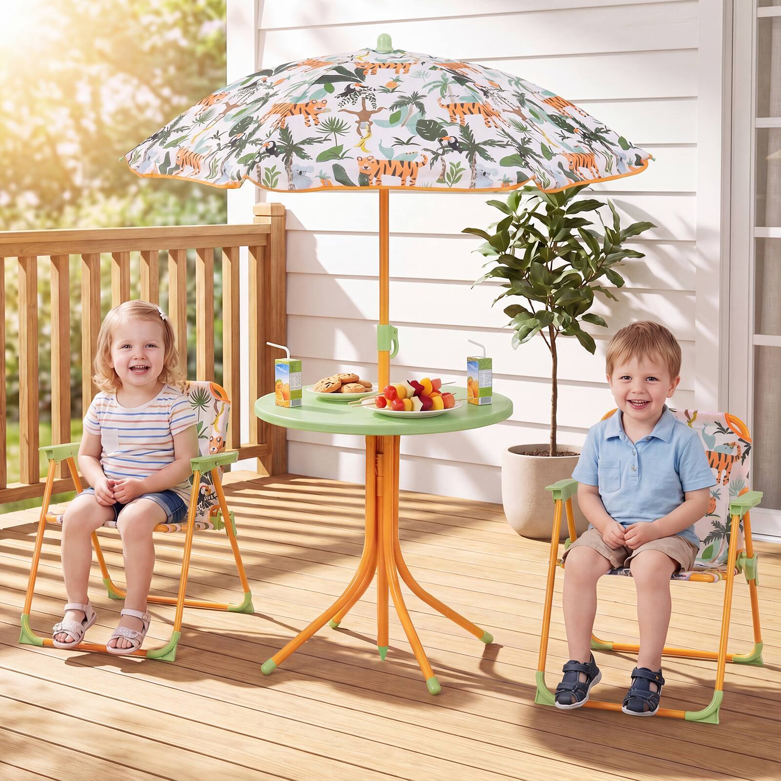 Alt View 3. Gymax - Gymax Kids Picnic Table Outdoor Table&Chair Set 2 Folding Chairs&Adjustable Umbrella Yellow & Green - Yellow.