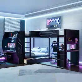 Whisen - L-Shaped Full and Twin Size Gaming Bunk Bed with Built-in Desks,Storage,Pegboard,LED Light and Charging Station - Black