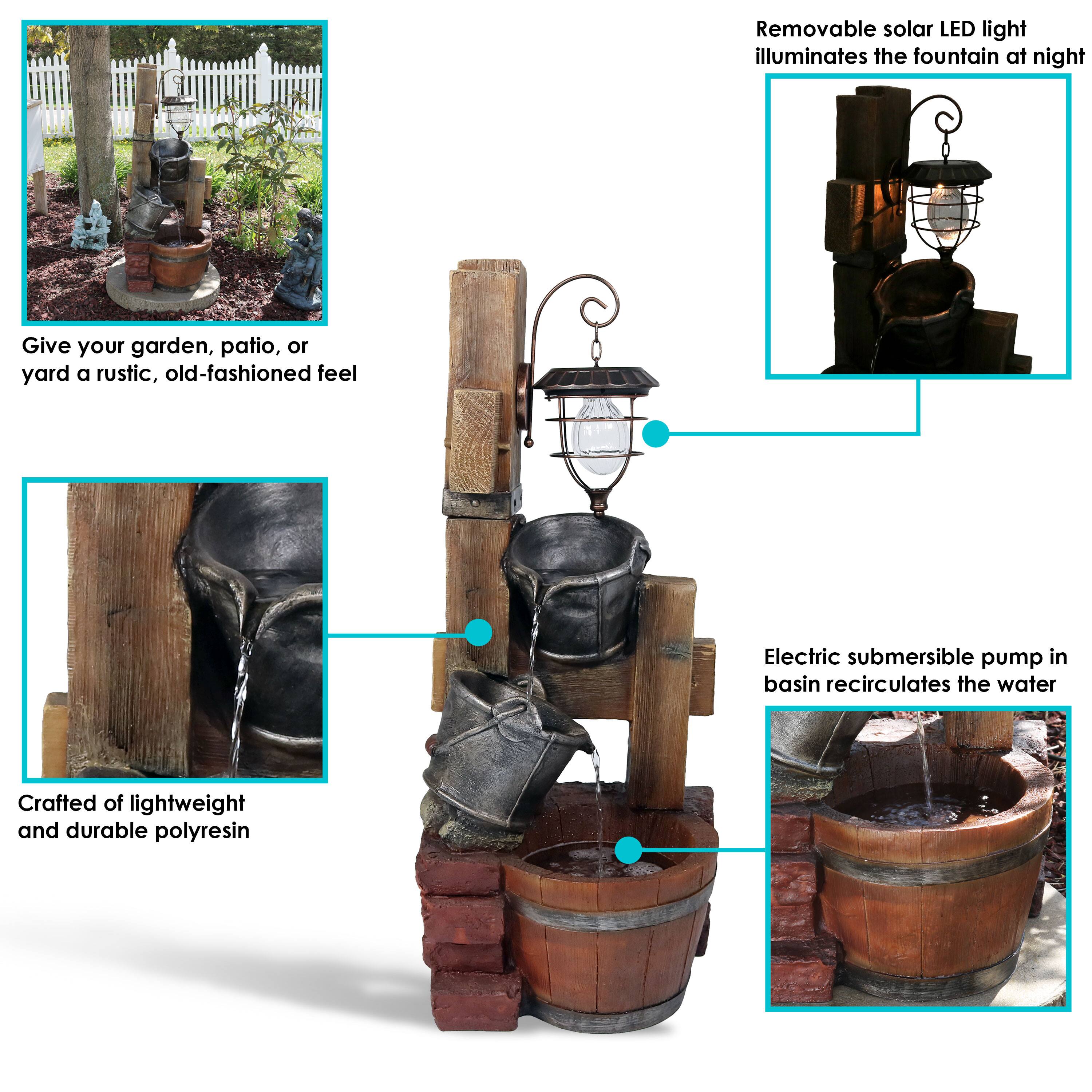 - Removable solar LED light illuminates the fountain at night
- Give your garden, patio, or yard a rustic, old-fashioned feel
- Electric submersible pump in basin recirculates the water
- Crafted of lightweight and durable polyresin