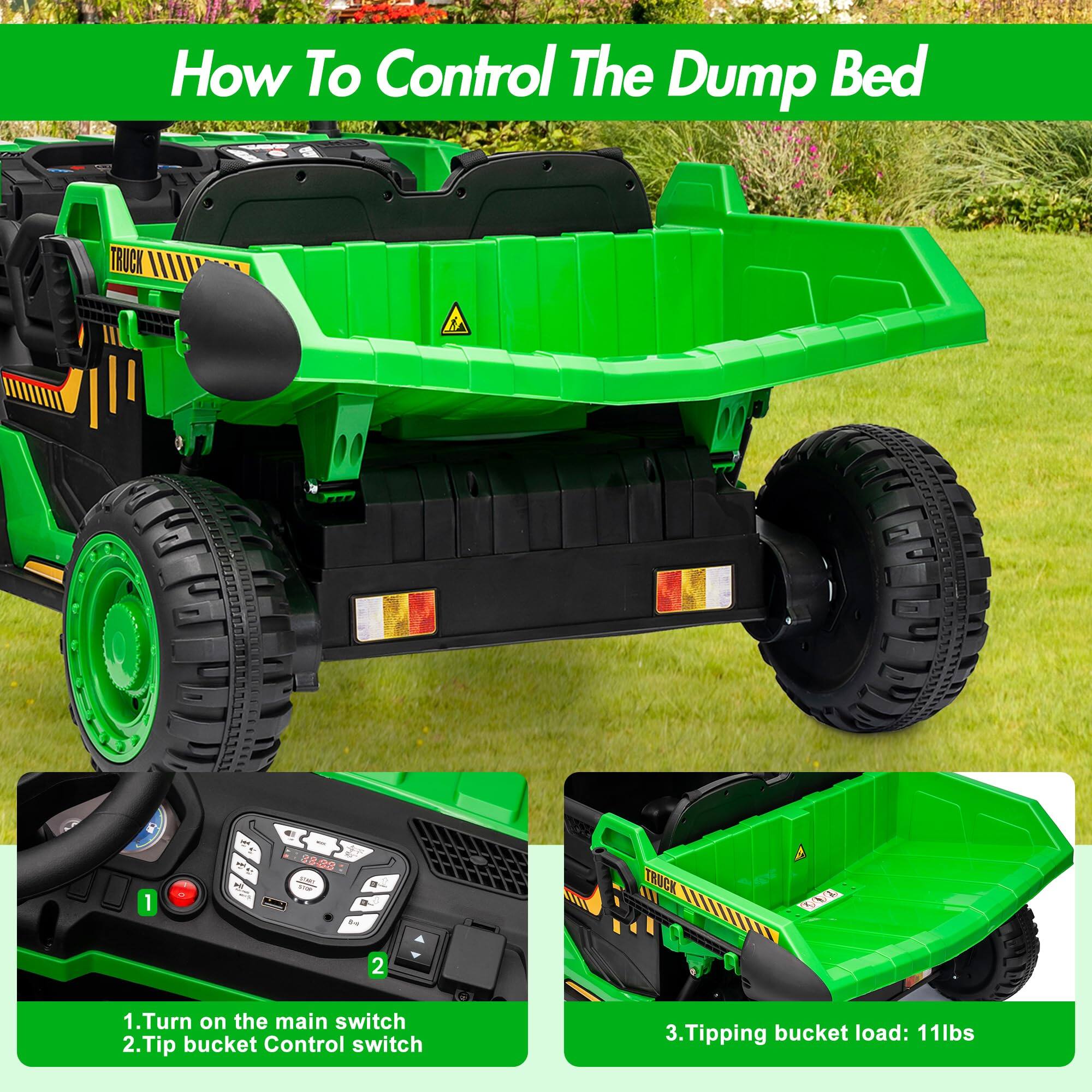 How To Control The Dump Bed

1. Turn on the main switch
2. Tip bucket Control switch
3. Tipping bucket load: 11lbs