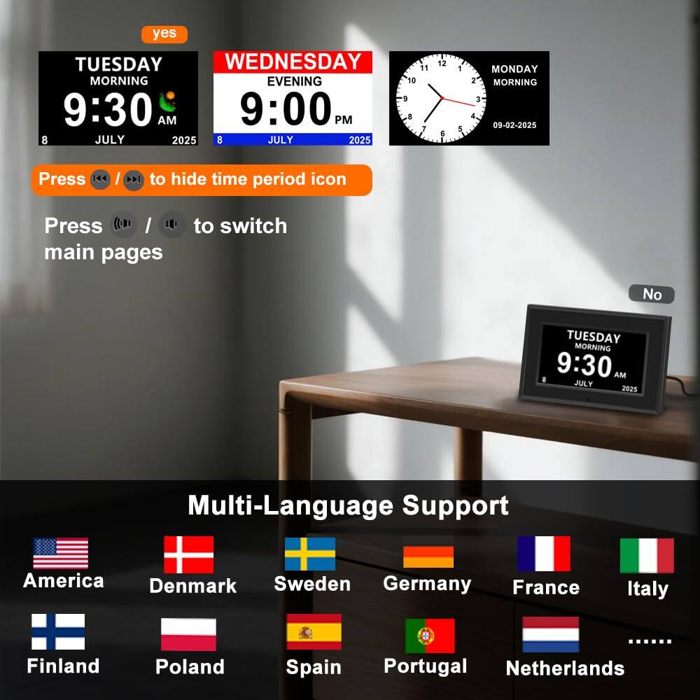 yes  
TUESDAY MORNING  
9:30 AM  
JULY 2025  

WEDNESDAY EVENING  
9:00 PM  
JULY 2025  

MONDAY MORNING  
09-02-2025  

Press ⬅️ / ➡️ to hide time period icon  
Press ⬇️ / ⬆️ to switch main pages  

No  
TUESDAY MORNING  
9:30 AM  
JULY 2025  

Multi-Language Support  
America Denmark Sweden Germany France Italy Finland Poland Spain Portugal Netherlands