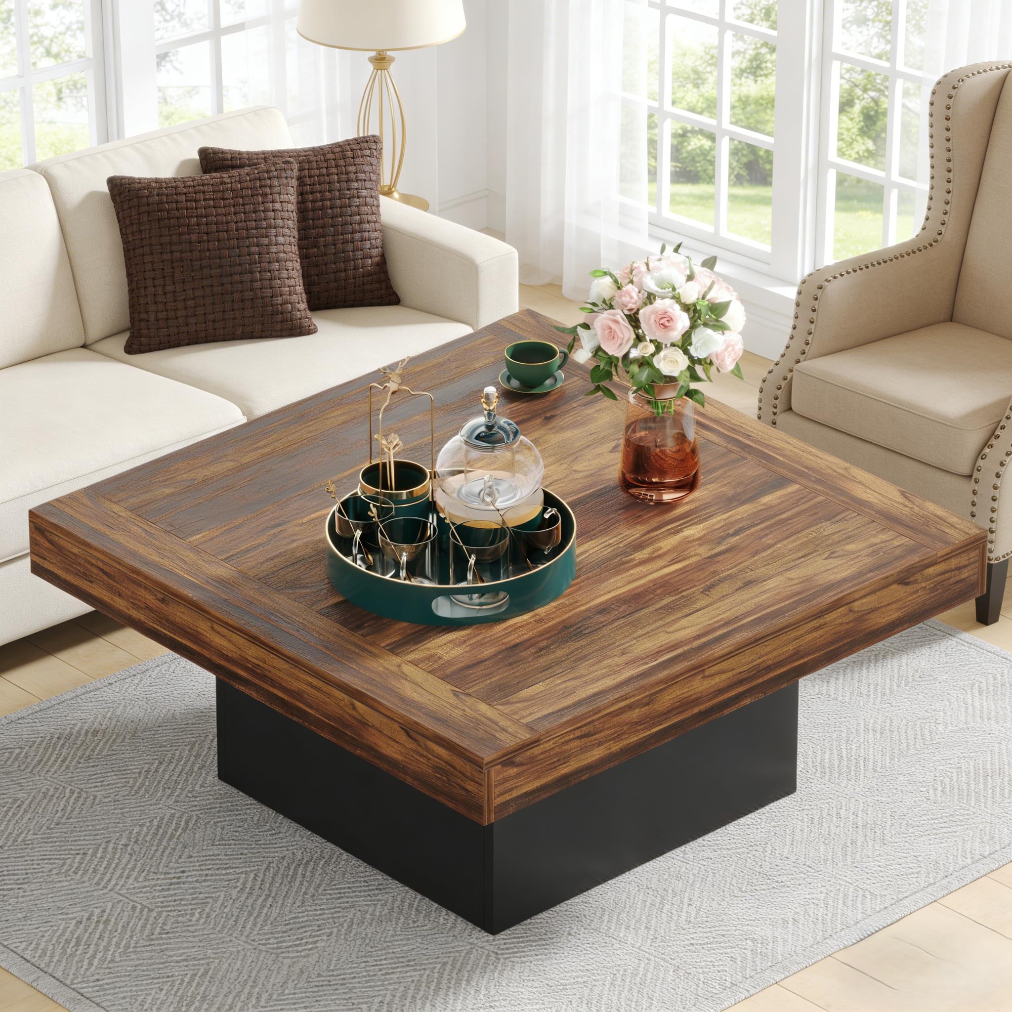 Alt View 1. Tribesigns - LED Coffee Table for Living Room, Modern Square Farmhouse Coffee Table with APP Control, 35.4" Walnut Wood Center Table, - Walnut.