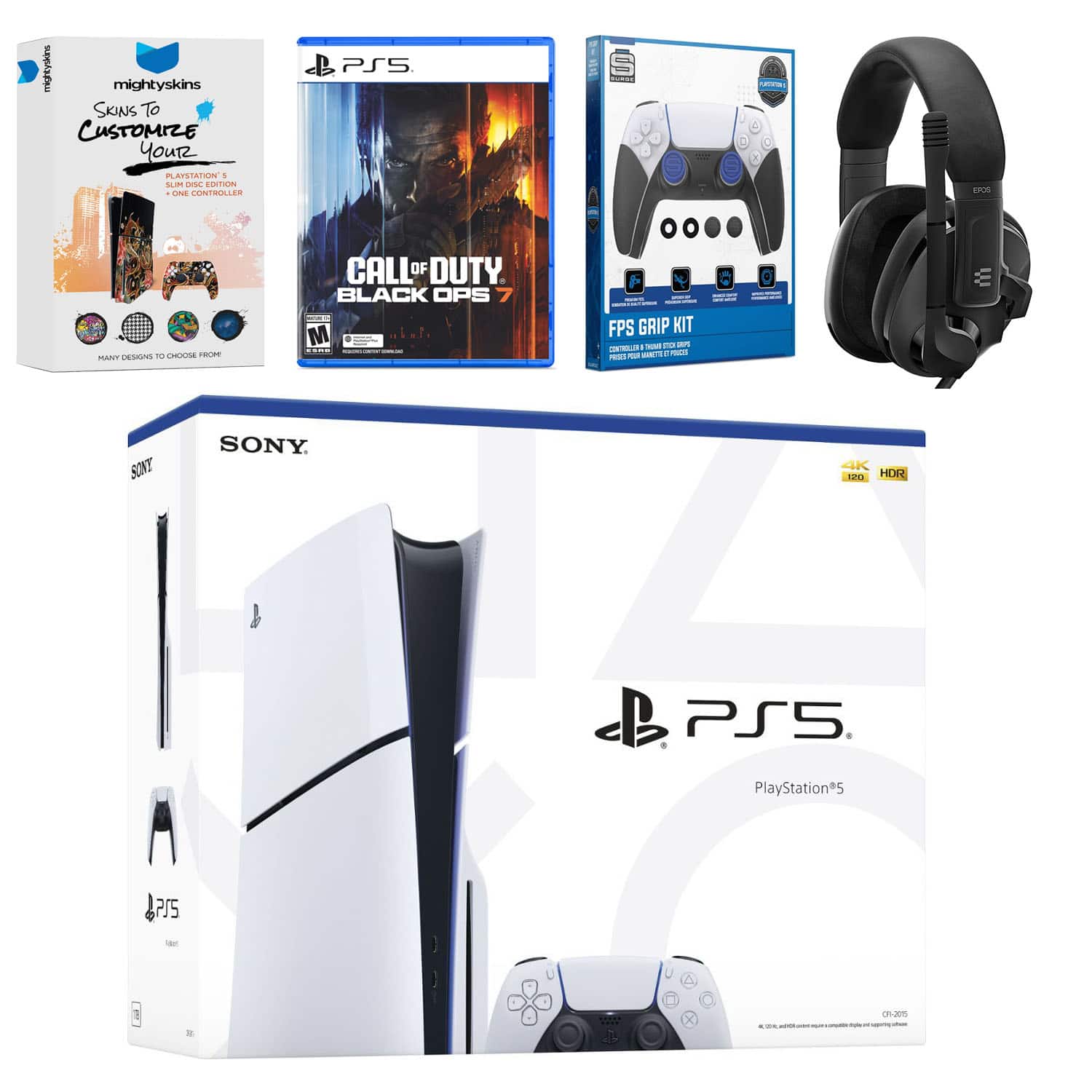 PlayStation 5 Slim Disc Bundle with Call of Duty Black Ops 7, EPOS Headset, FPS Grip Kit and MightySkins Code - PlayStation 5