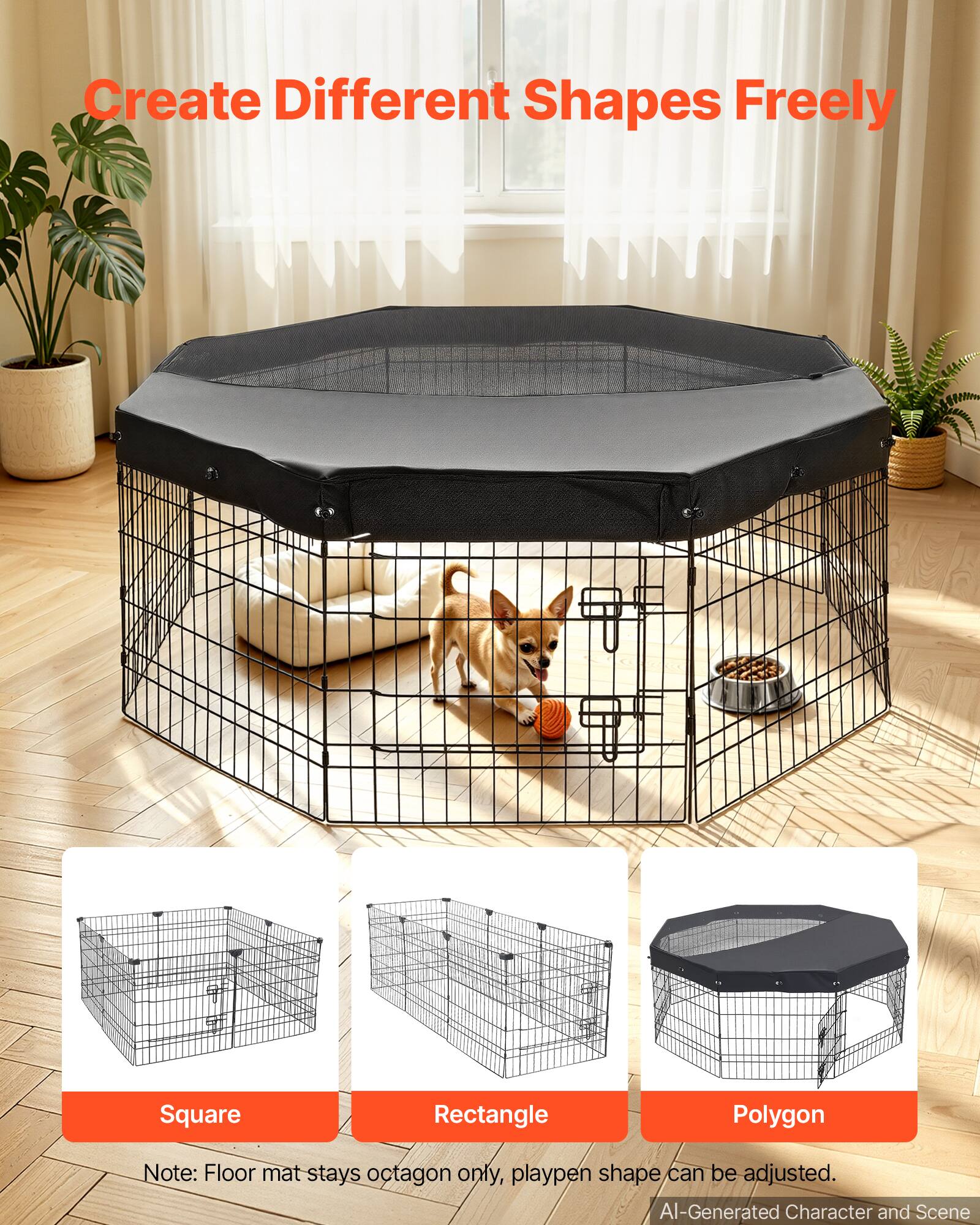 Create Different Shapes Freely

Square Rectangle Polygon

Note: Floor mat stays octagon only, playpen shape can be adjusted.

AI-Generated Character and Scene