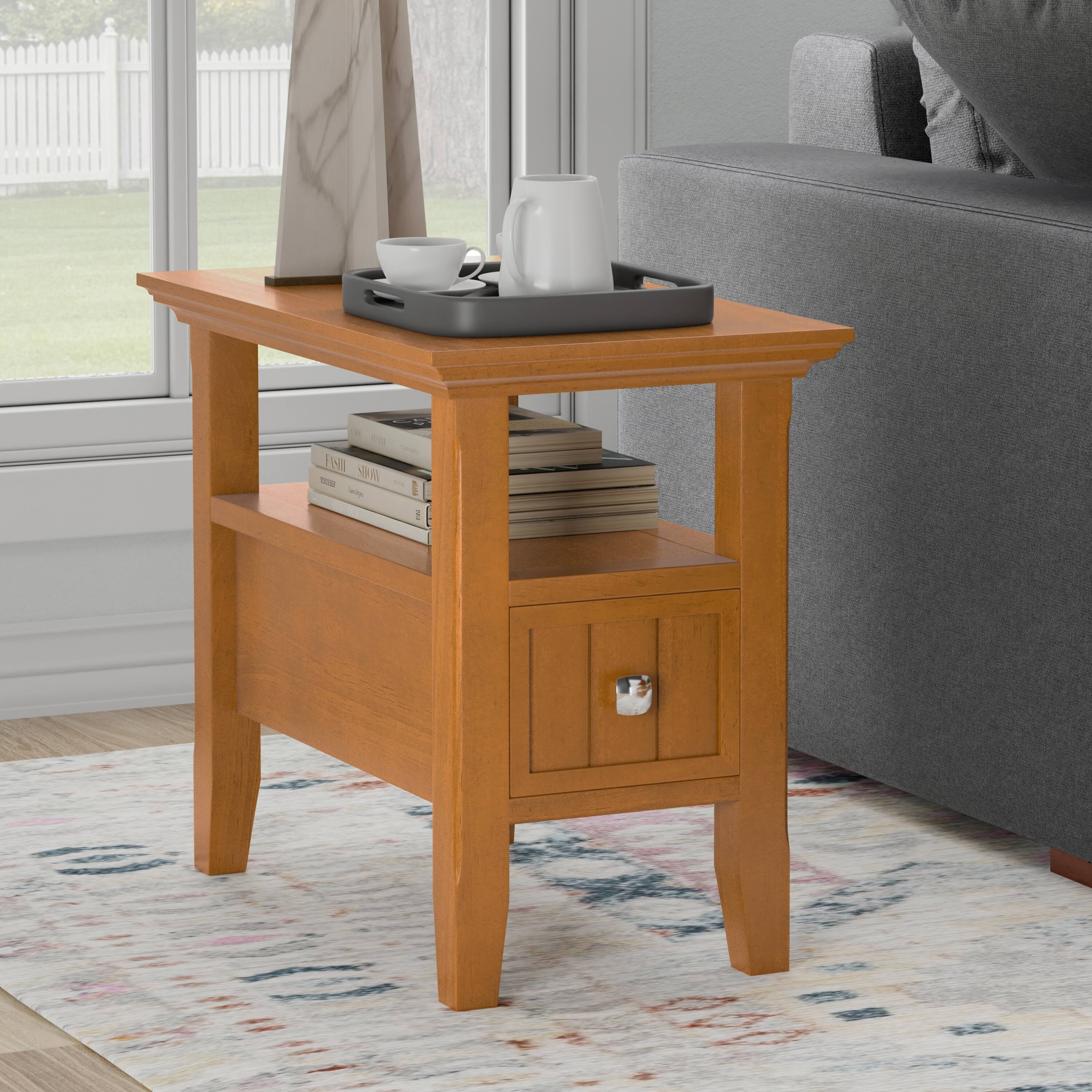 Angle. Simpli Home - Acadian 14 inch Wide Solid Wood Transitional Narrow Side Table with Drawer in Light Golden Brown - Light Golden Brown.