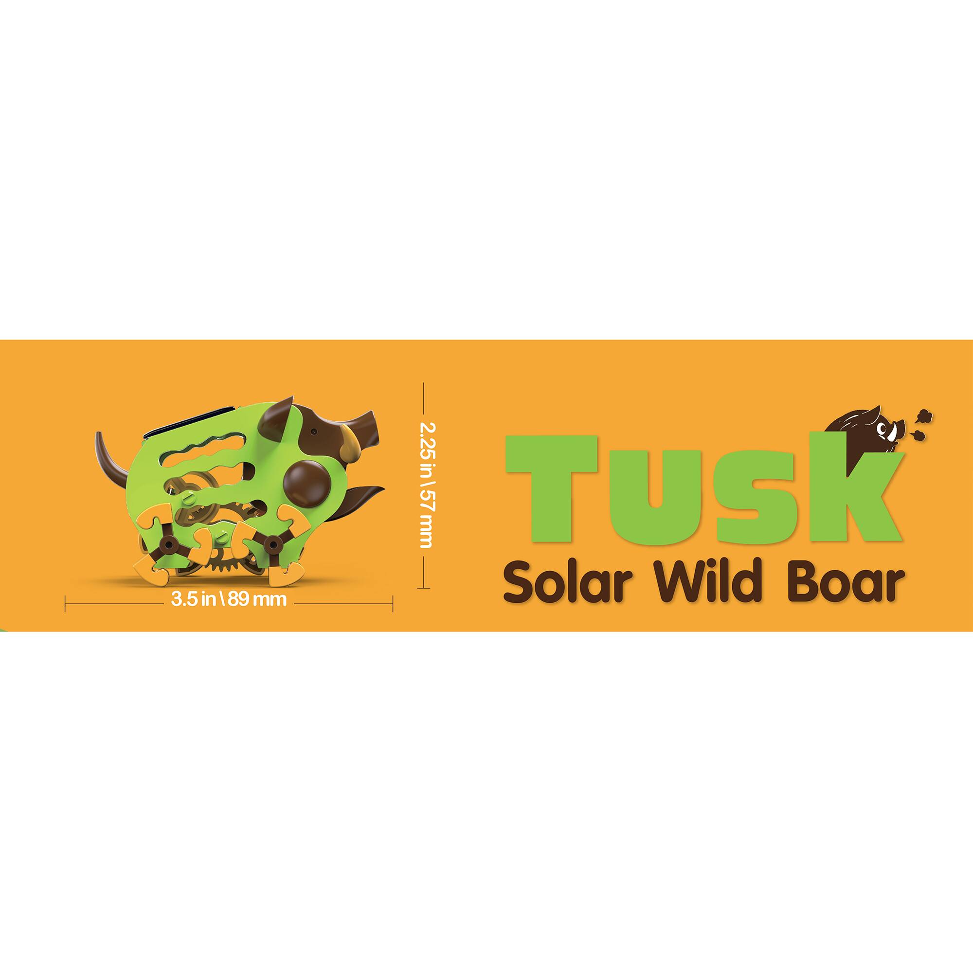 The text on the image is grouped and corrected as follows:

3.5 in 189 mm 2.25 in 57 mm Tusk Solar Wild Boar
