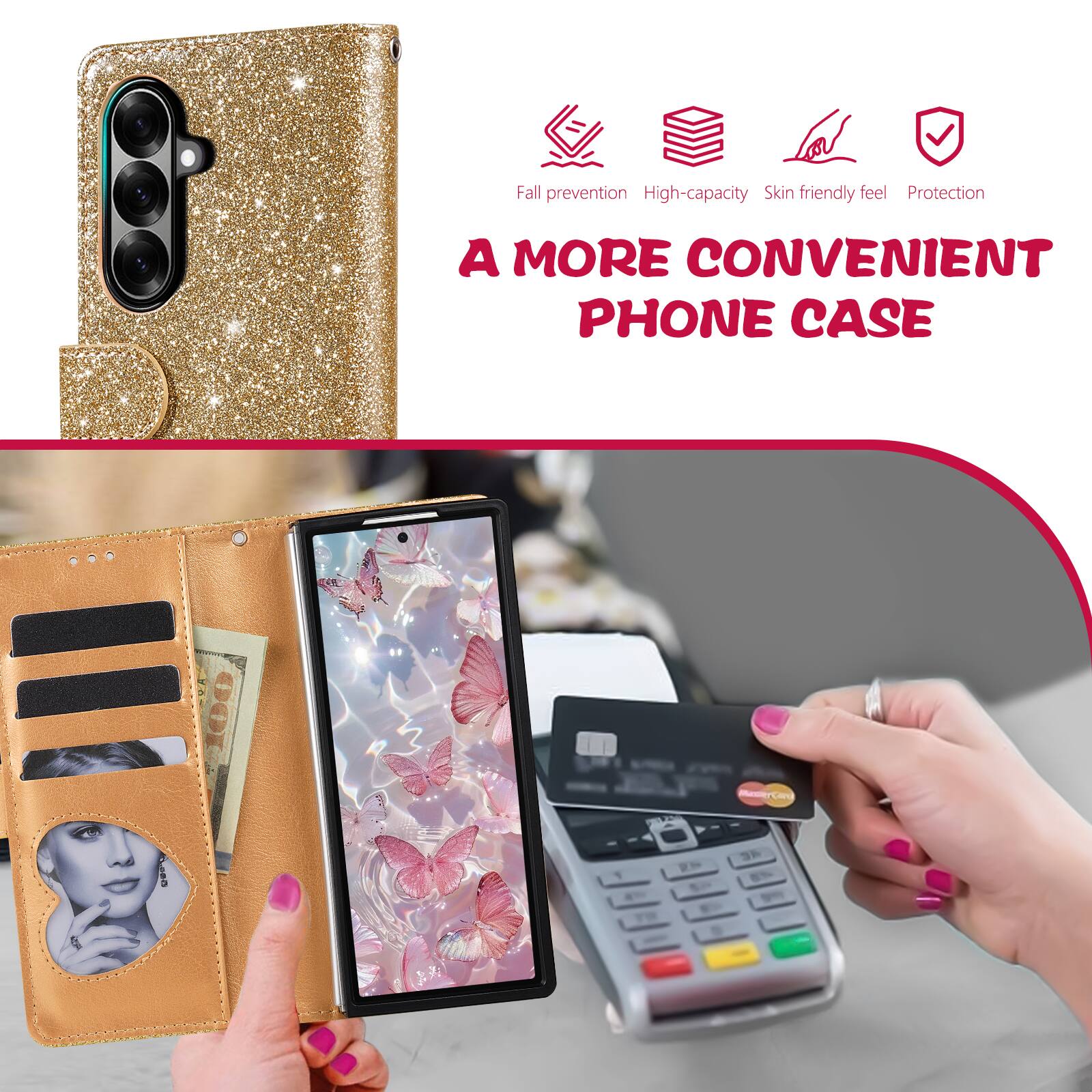 Fall prevention  
High-capacity  
Skin friendly feel  
Protection  

A MORE CONVENIENT PHONE CASE