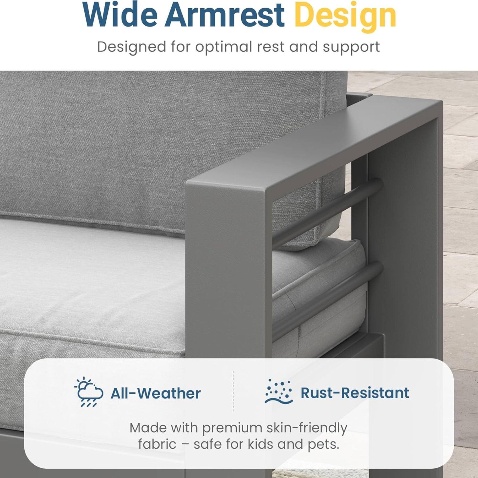 Wide Armrest Design  
Designed for optimal rest and support  

All-Weather  
Rust-Resistant  
Made with premium skin-friendly fabric - safe for kids and pets.
