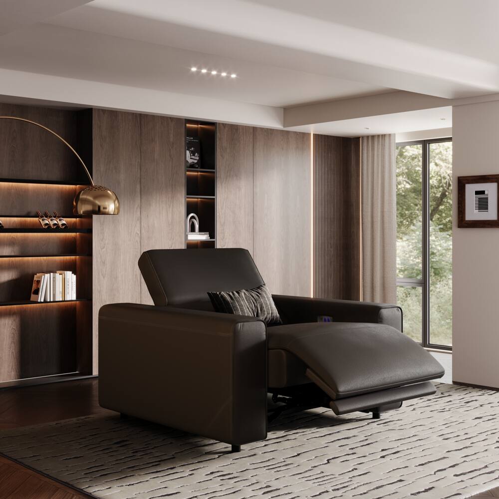 Front. POVISON - 48" Modern Power Reclining Sofa with Adjustable Headrest, Deep Seat, USB/USB-C Charging Port, Khaki - Black Sustainable Leather.