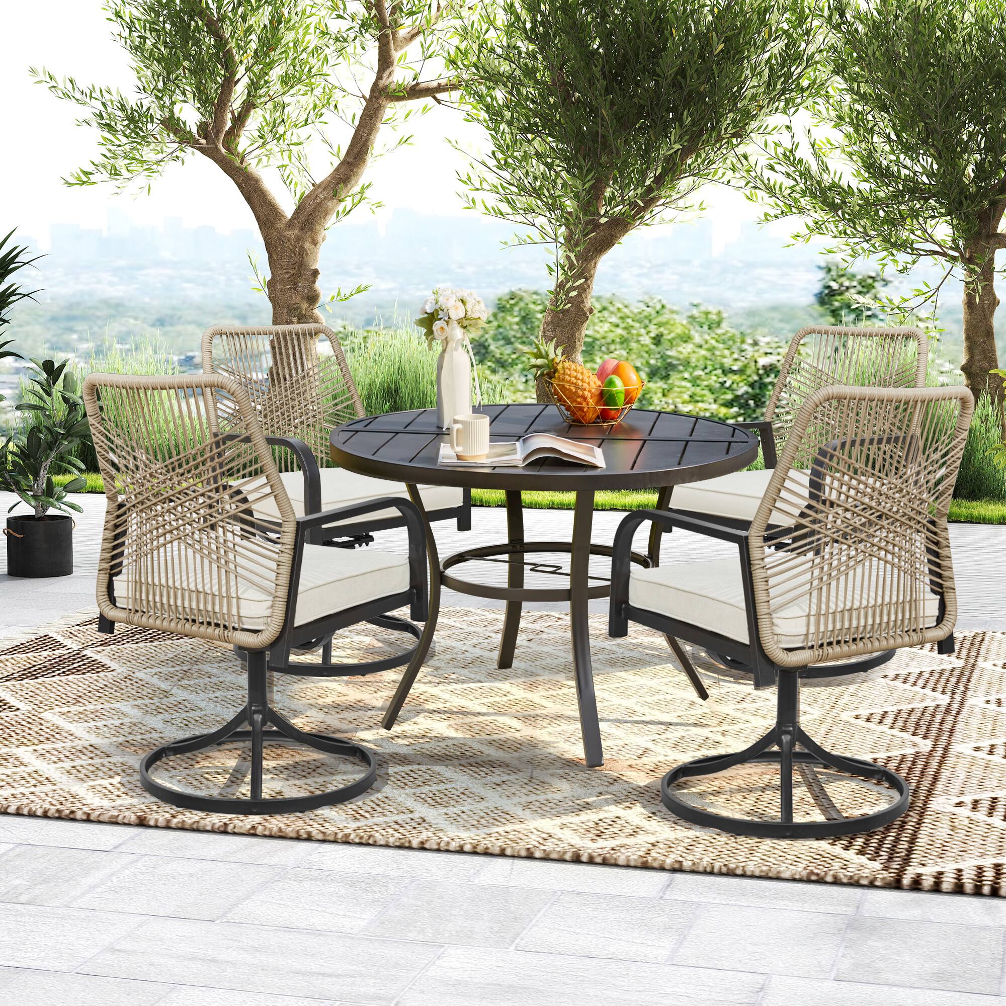 Alt View 4. U-HOMY - Outdoor Dining Set, Swivel Rattan Chairs w Thick Removable Cushion, Dining Table w Umbrella Hole, Patio Furniture Set - Beige.