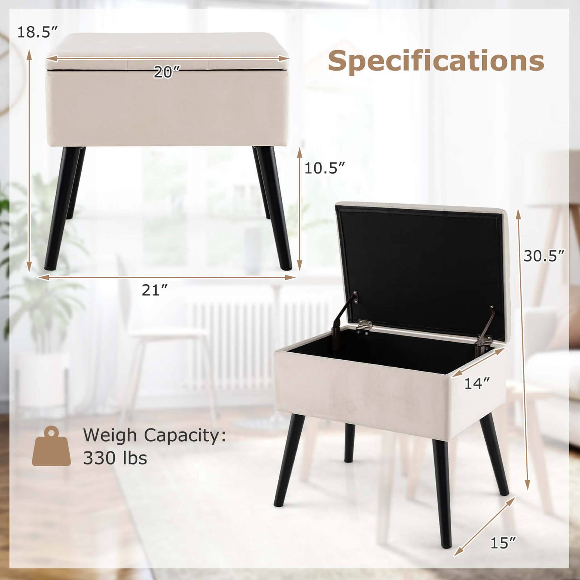 Sure, here is the corrected and grouped text from the image:

**Specifications**

- **Dimensions:**
  - Length: 20"
  - Width: 18.5"
  - Height: 10.5"
  - Depth: 21"
  - Interior Depth: 30.5"
  - Interior Width: 14"
  - Interior Height: 15"

- **Weight Capacity:**
  - 330 lbs