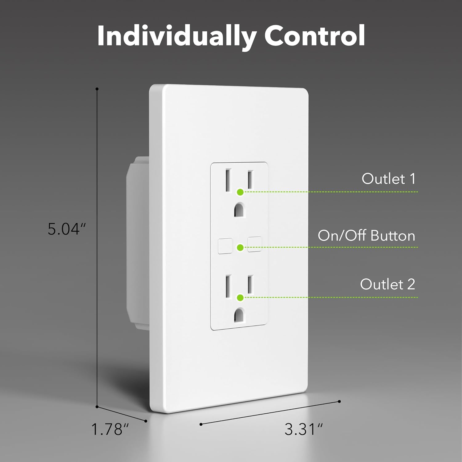 Individually Control

Outlet 1  
On/Off Button  
Outlet 2  

5.04"  
1.78"  
3.31"