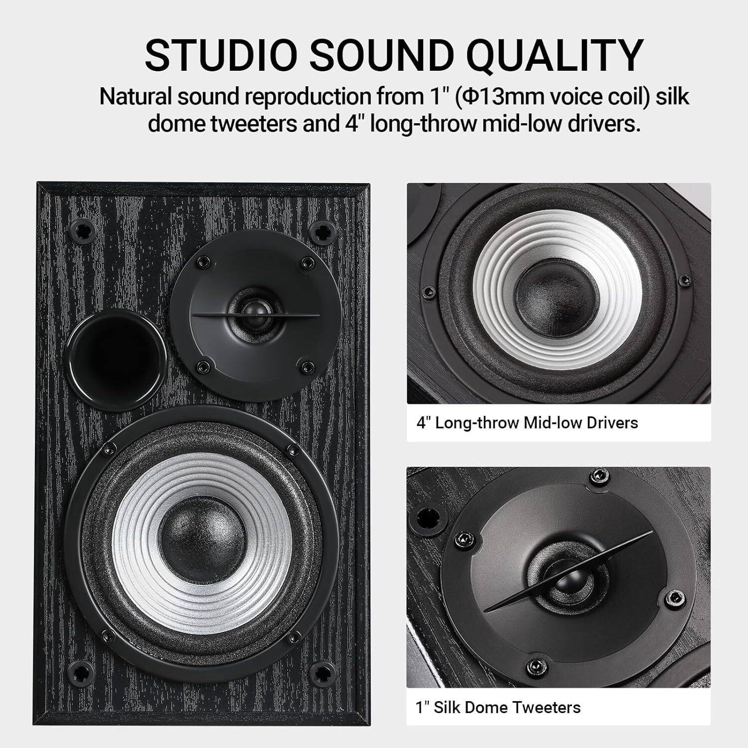 Studio Sound Quality: Natural sound reproduction from 1" (13mm voice coil) silk dome tweeters and 4" long-throw mid-low drivers.