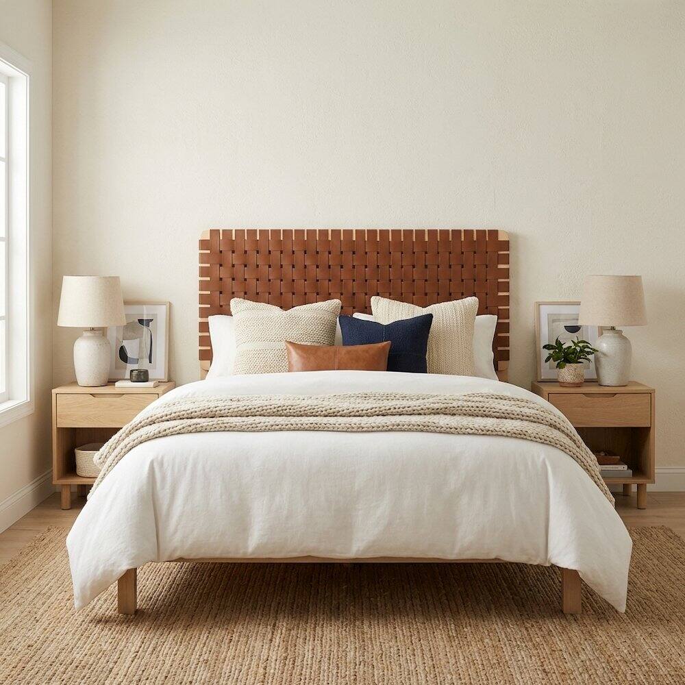 Left. FurniFact - Vegan Leather Full Headboard with Woven Texture and Durable Frame - Brown.