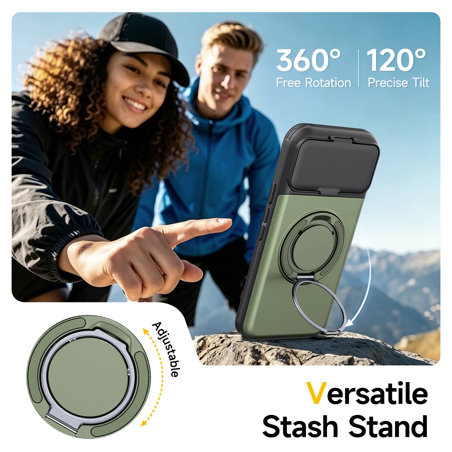 360° 120° Free Rotation Precise Tilt  
Adjustable  
Versatile Stash Stand