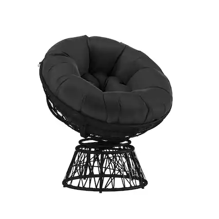 Front. Emma + Oliver - Swivel Patio Chair with Cushion - Black Cushion/Black Frame.