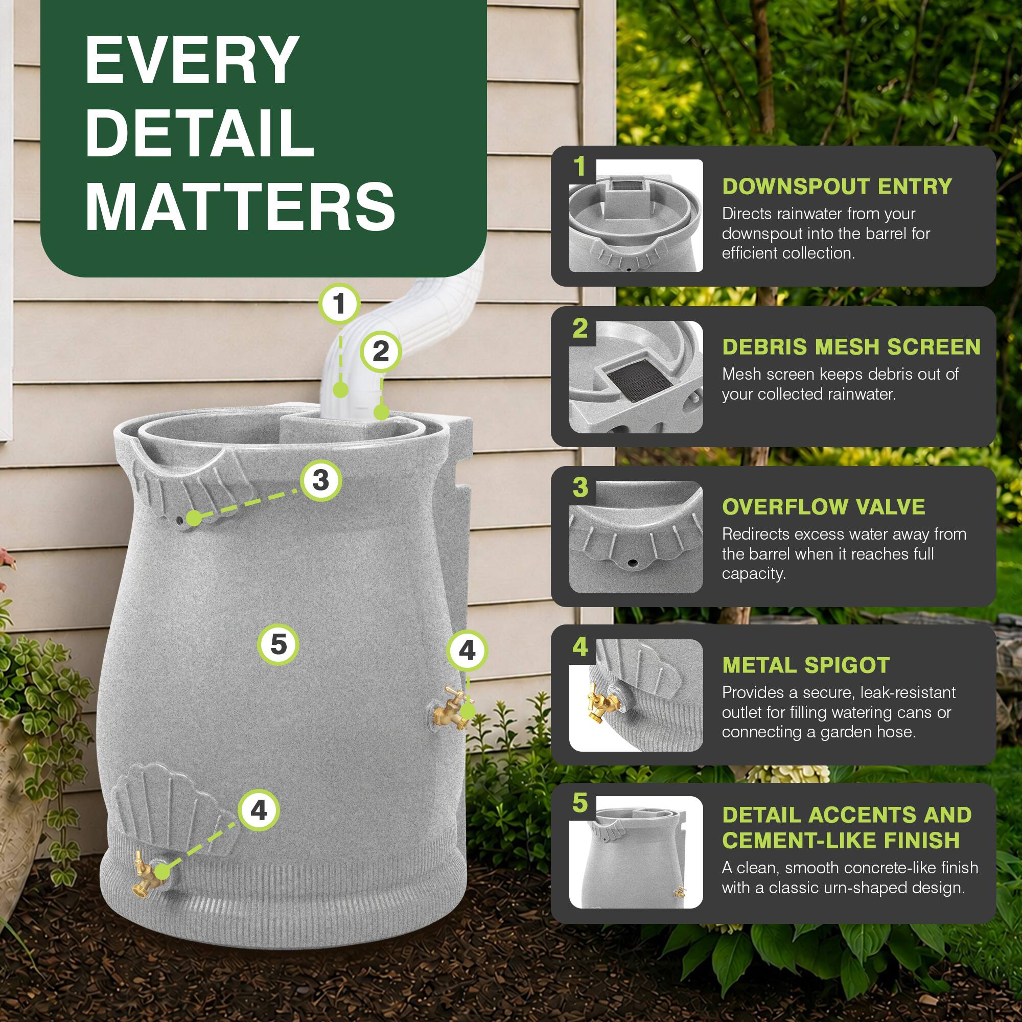 EVERY DETAIL MATTERS

1. DOWNSPOUT ENTRY
   - Directs rainwater from your downspout into the barrel for efficient collection.

2. DEBRIS MESH SCREEN
   - Mesh screen keeps debris out of your collected rainwater.

3. OVERFLOW VALVE
   - Redirects excess water away from the barrel when it reaches full capacity.

4. METAL SPIGOT
   - Provides a secure, leak-resistant outlet for filling watering cans or connecting a garden hose.

5. DETAIL ACCENTS AND CEMENT-LIKE FINISH
   - A clean, smooth concrete-like finish with a classic urn-shaped design.
