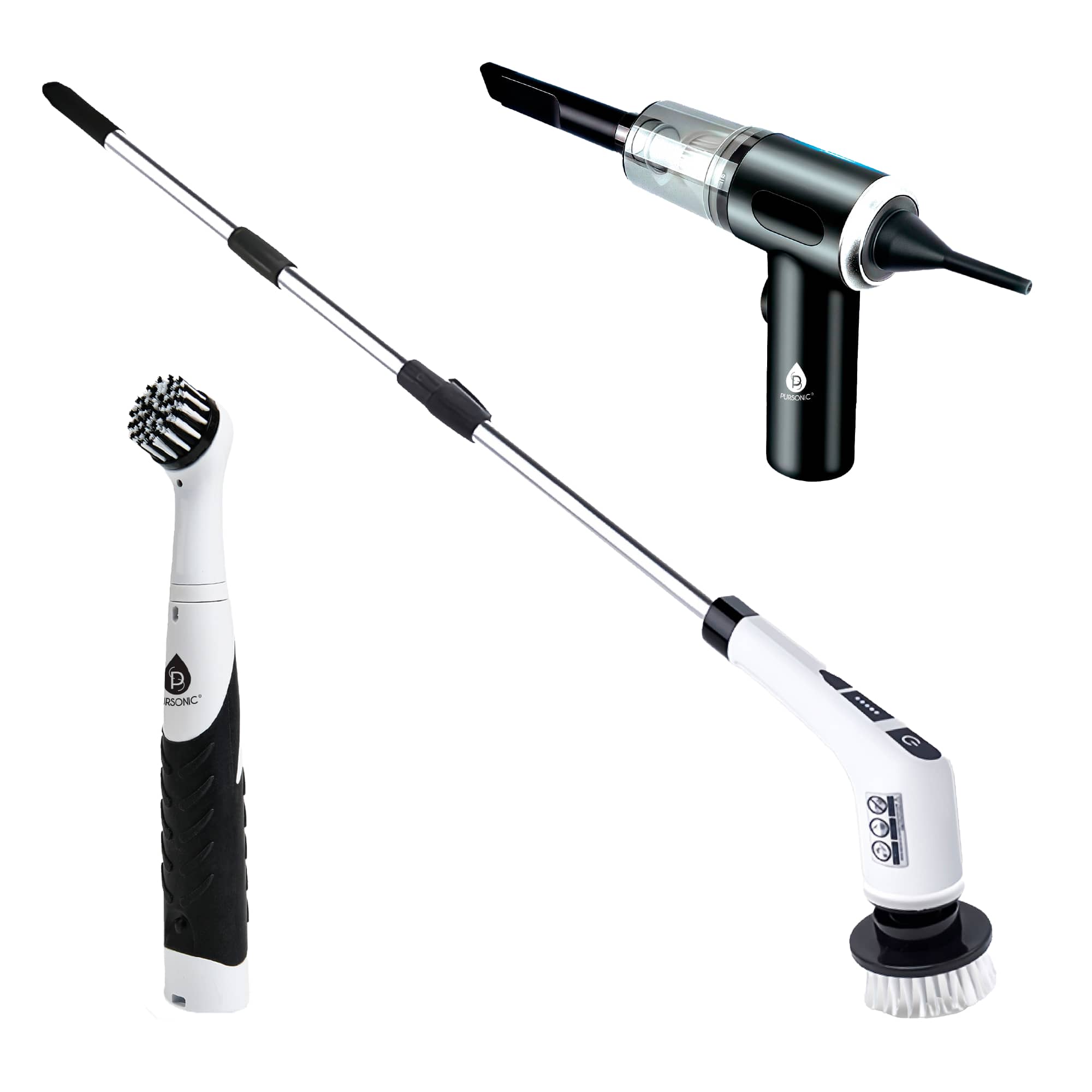 3-in-1 Cordless Rechargeable Cleaning Pursonic Bundle Power Scrubber, Extended Brush & Mini Vacuum Duster for Home & Car